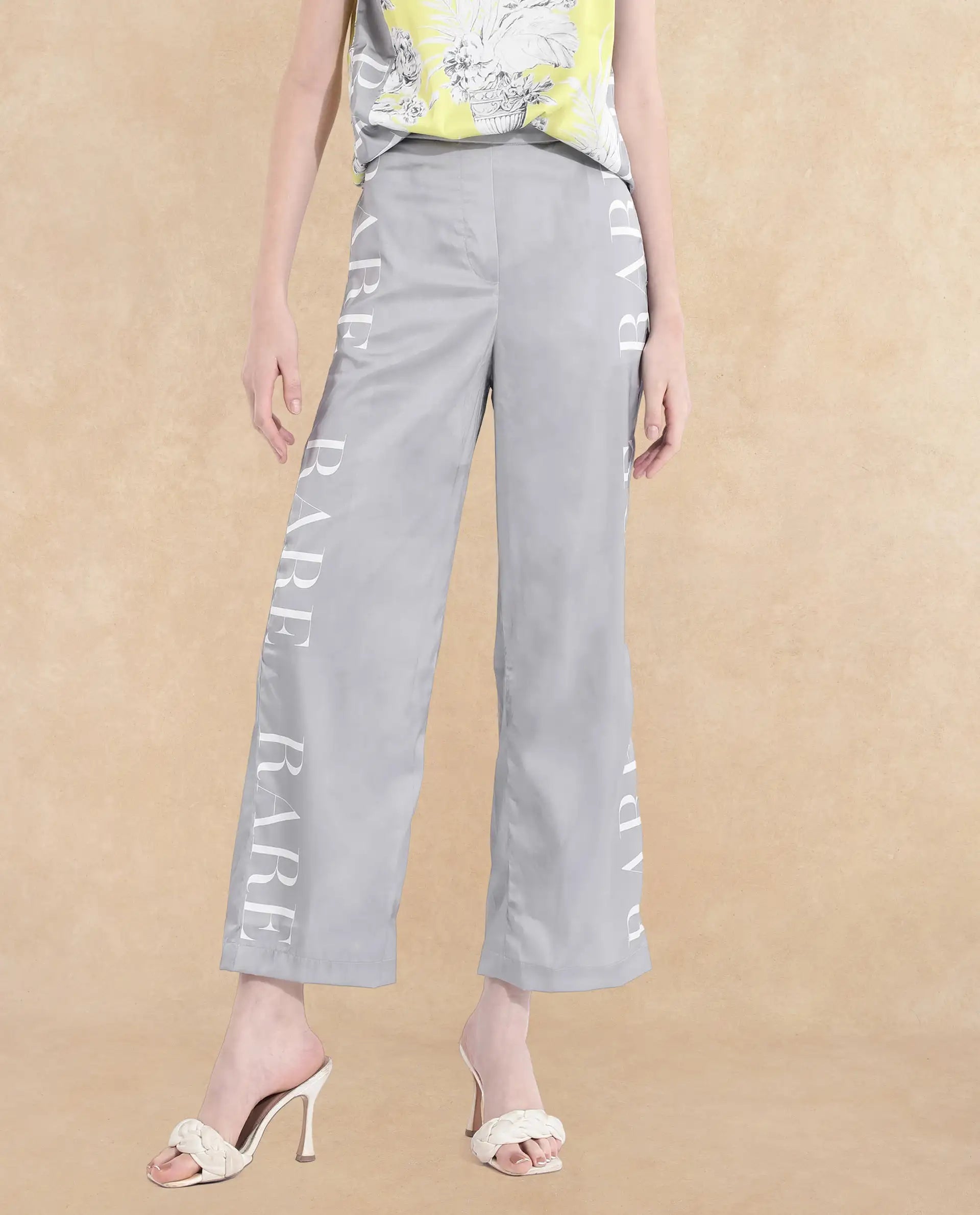 Rareism Women's Kanadio-B Light Grey Polyester Floral Print Ankle Length Straight Fit Trouser