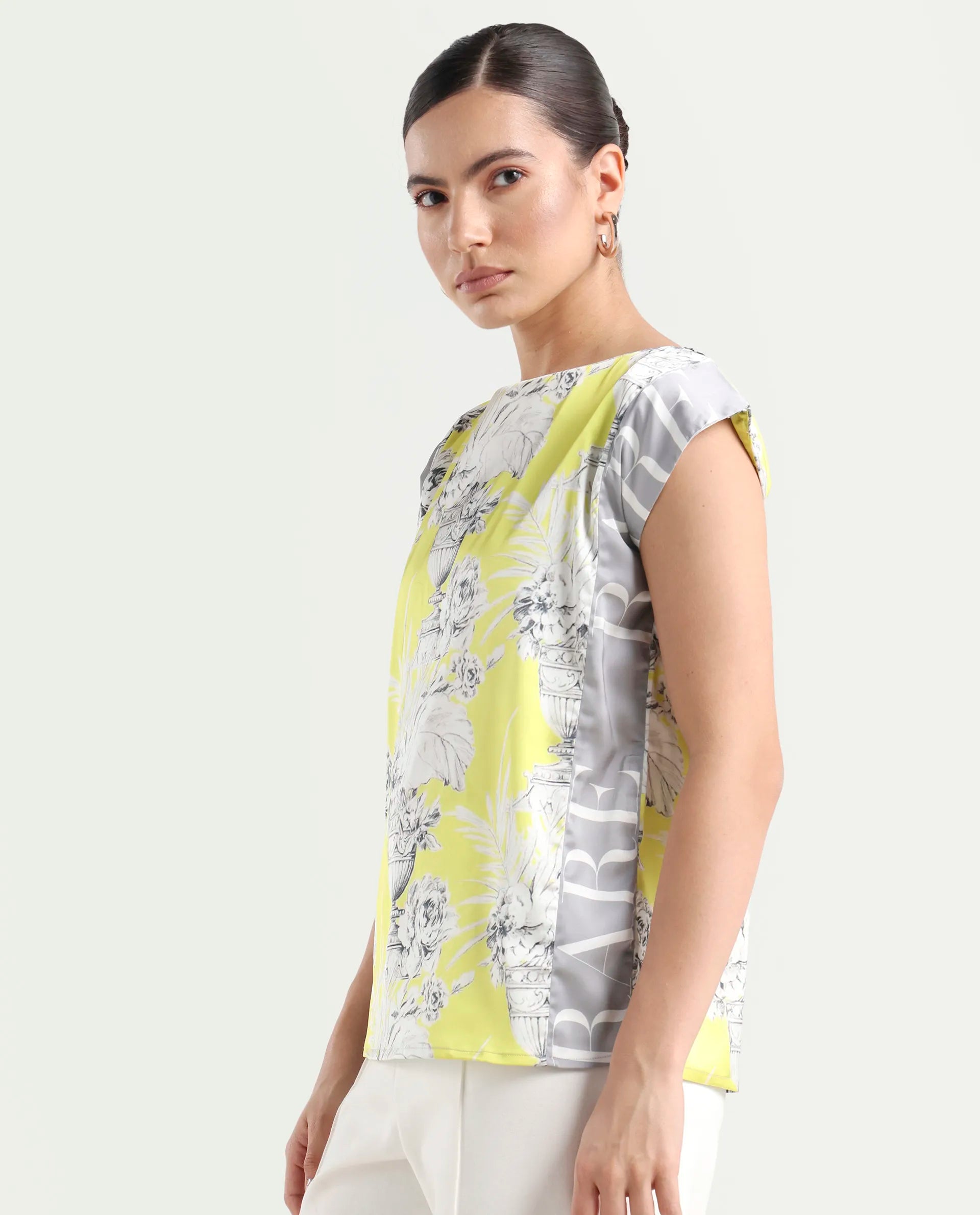 Rareism Women's Kanadio-T Yellow Polyester Boat Neck Floral Print Extended Sleeves Regular Fit Top