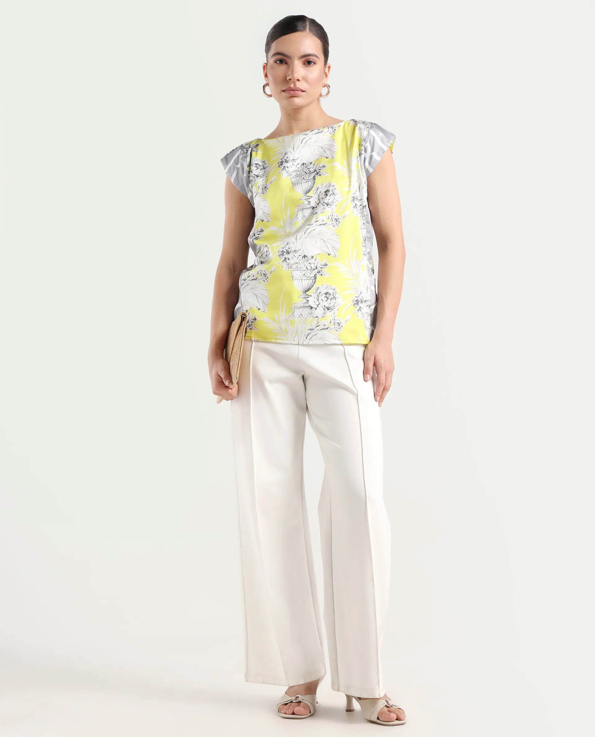 Rareism Women's Kanadio-T Yellow Polyester Boat Neck Floral Print Extended Sleeves Regular Fit Top