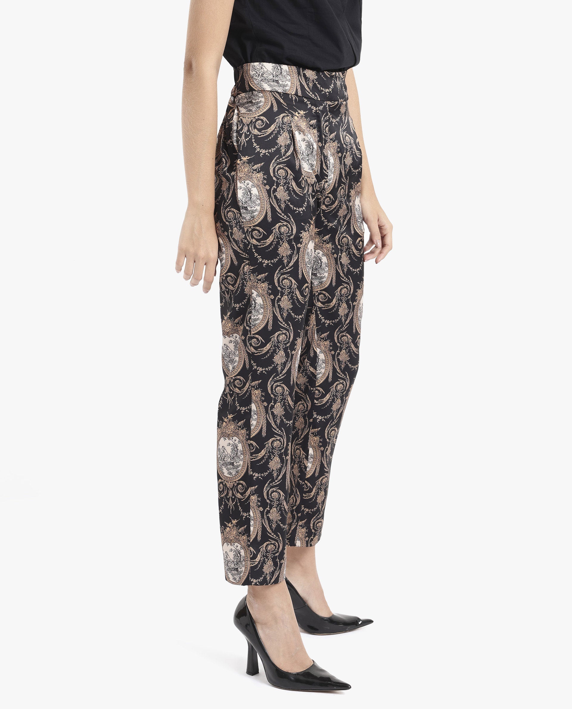 Rareism Women Kanama-B Black Tie Up Straight Fit Ornamental Print Ankle Length Trouser