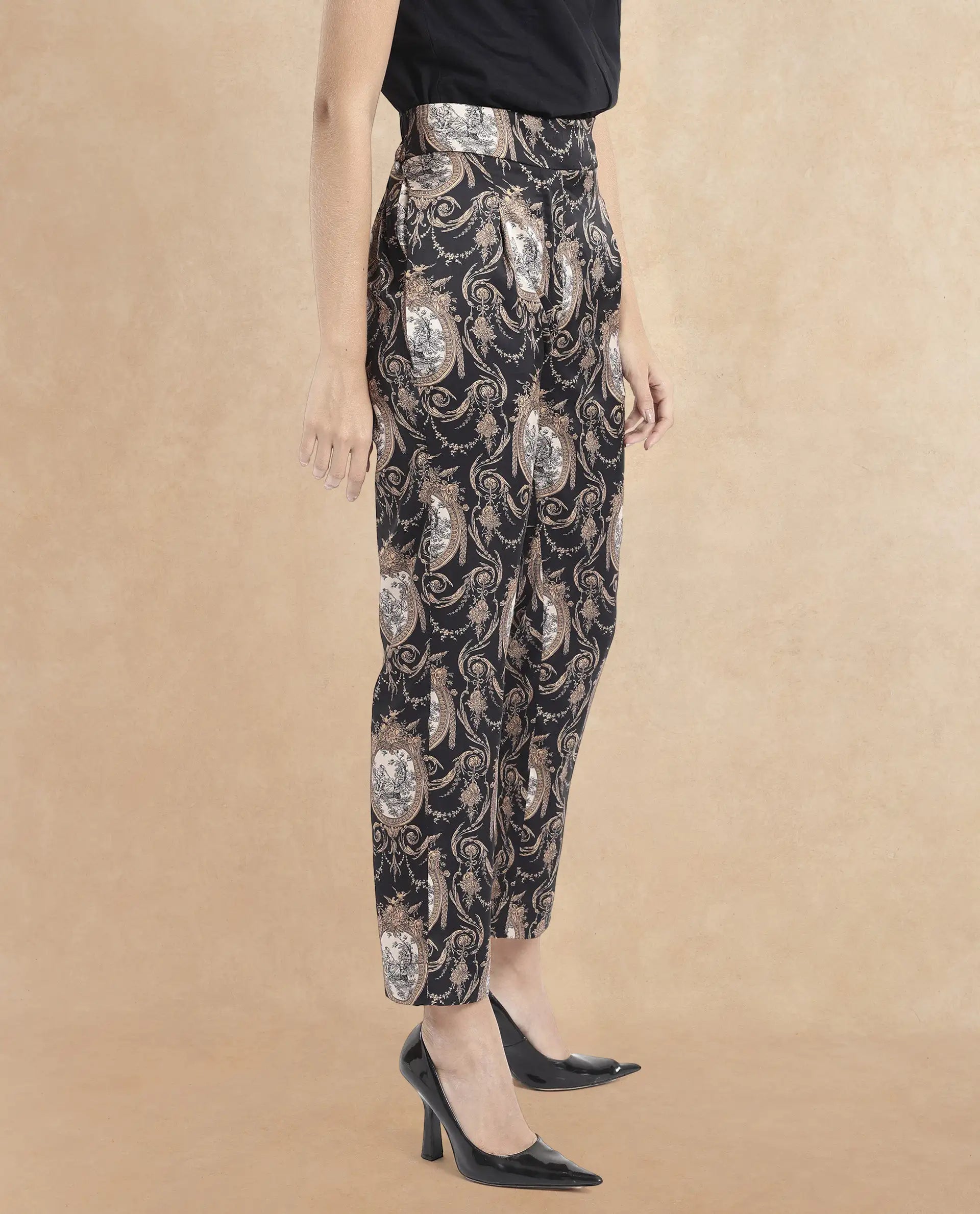 Rareism Women Kanama-B Black Tie Up Straight Fit Ornamental Print Ankle Length Trouser