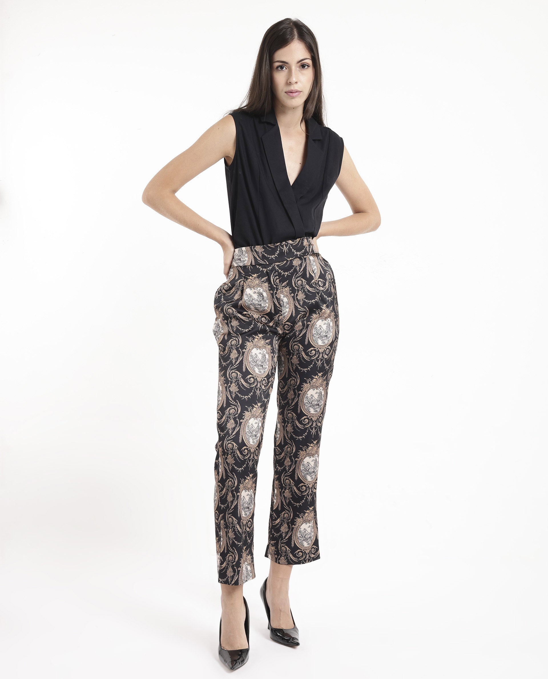 Rareism Women Kanama-B Black Tie Up Straight Fit Ornamental Print Ankle Length Trouser