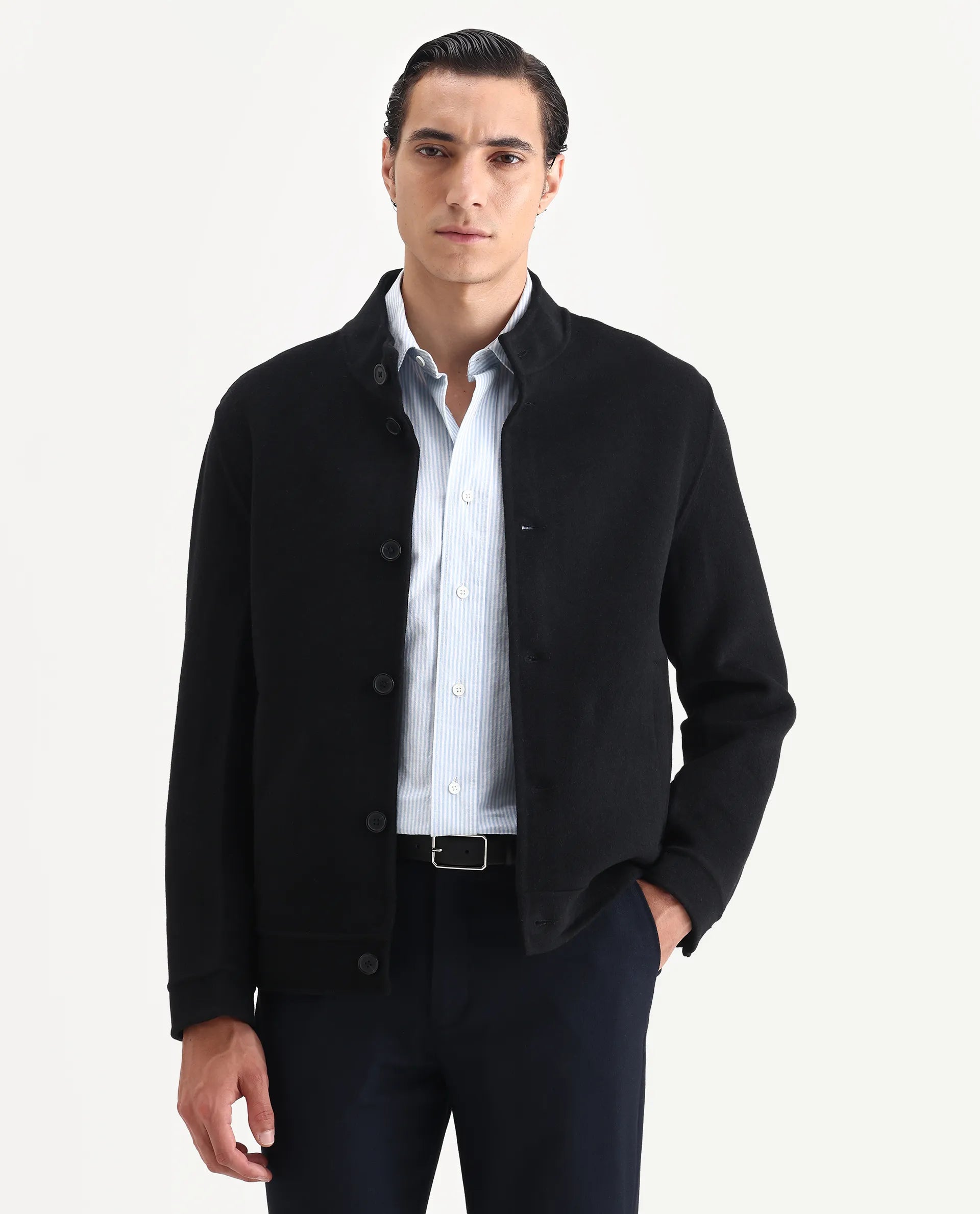 Rare Rabbit Men's Kaneo Black Polyester Blend Fabric High Neck Regular Plain Jacket