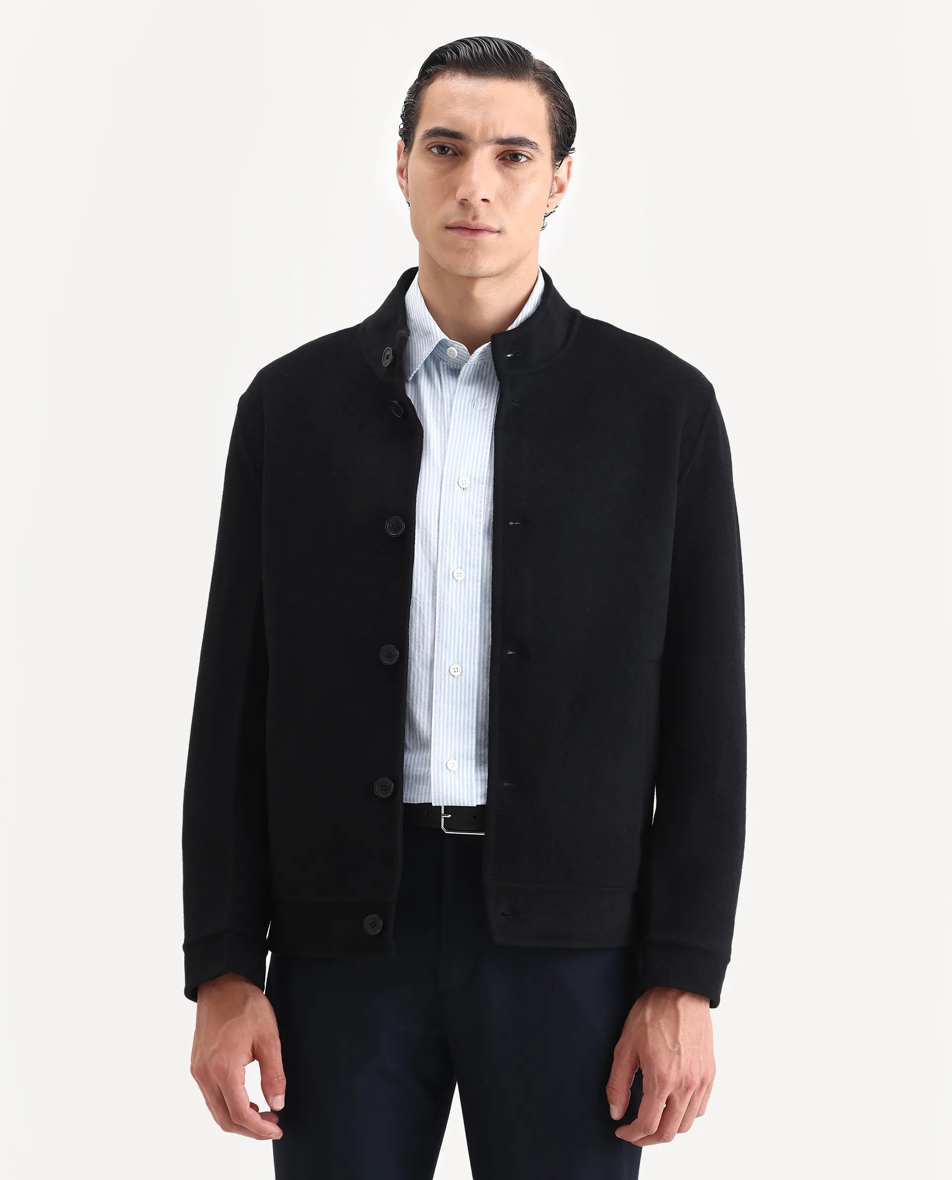 Rare Rabbit Men's Kaneo Black Polyester Blend Fabric High Neck Regular Plain Jacket