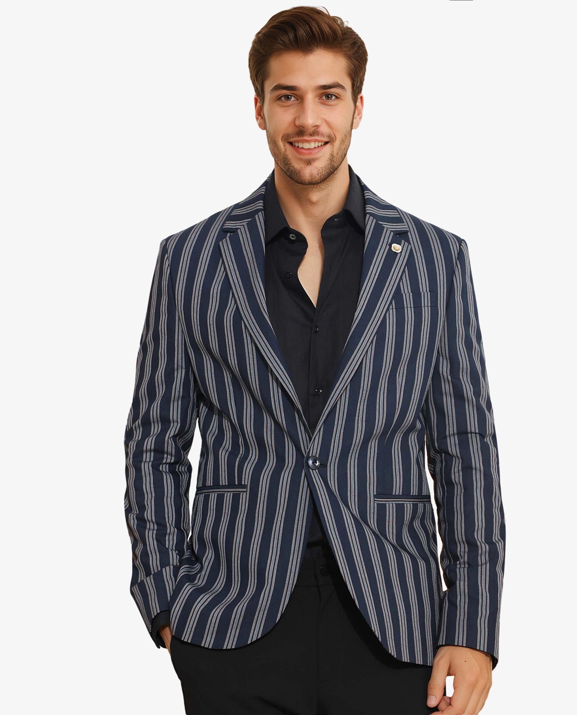 Rare Rabbit Men's Kano Navy Cotton Fabric Notch Lapel Single Breasted Tailored Fit Stripe Blazer