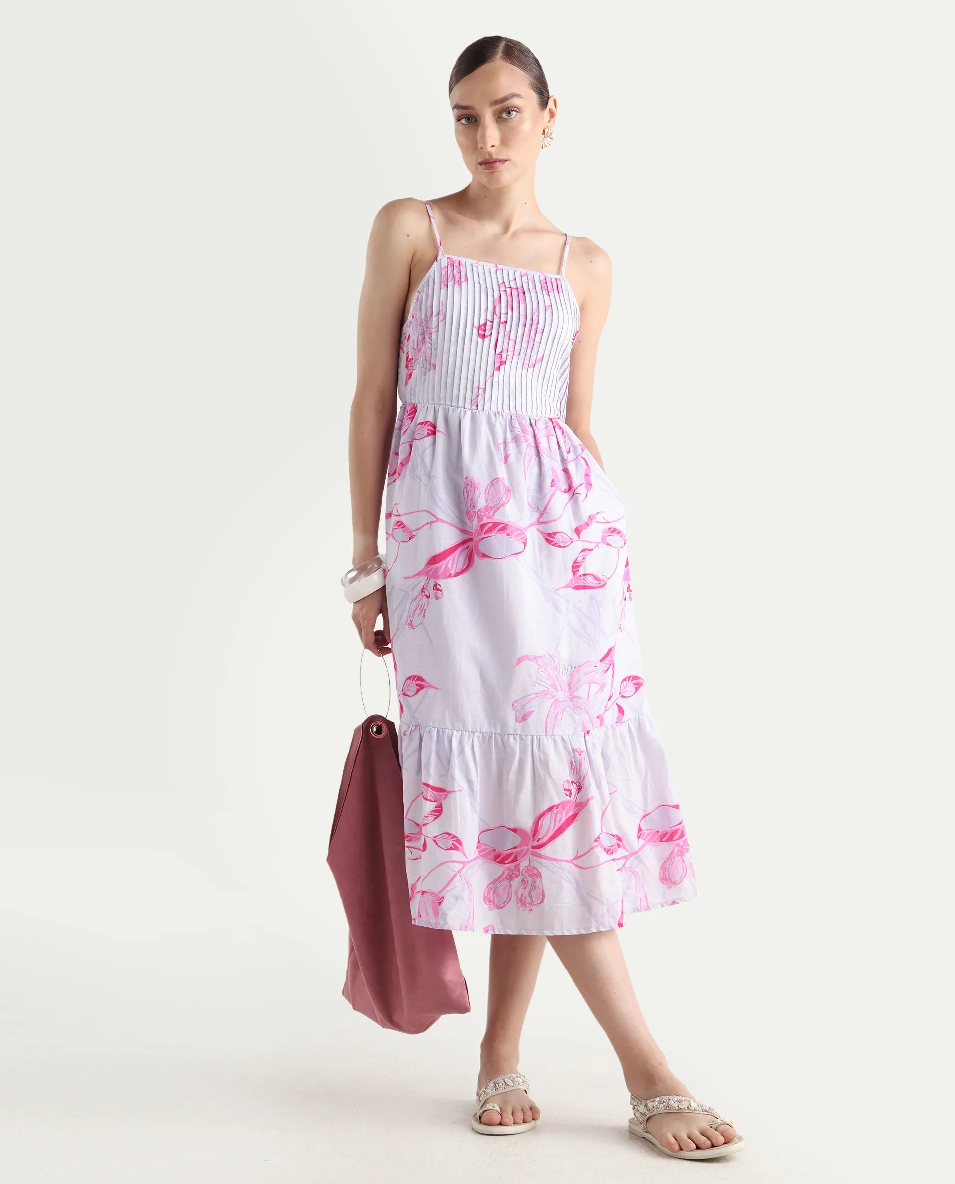 Rareism Women's Kanora Dusky Purple Cotton Blend Shoulder Strap Floral Print Sleeveless Midi Fit And Flare Dress