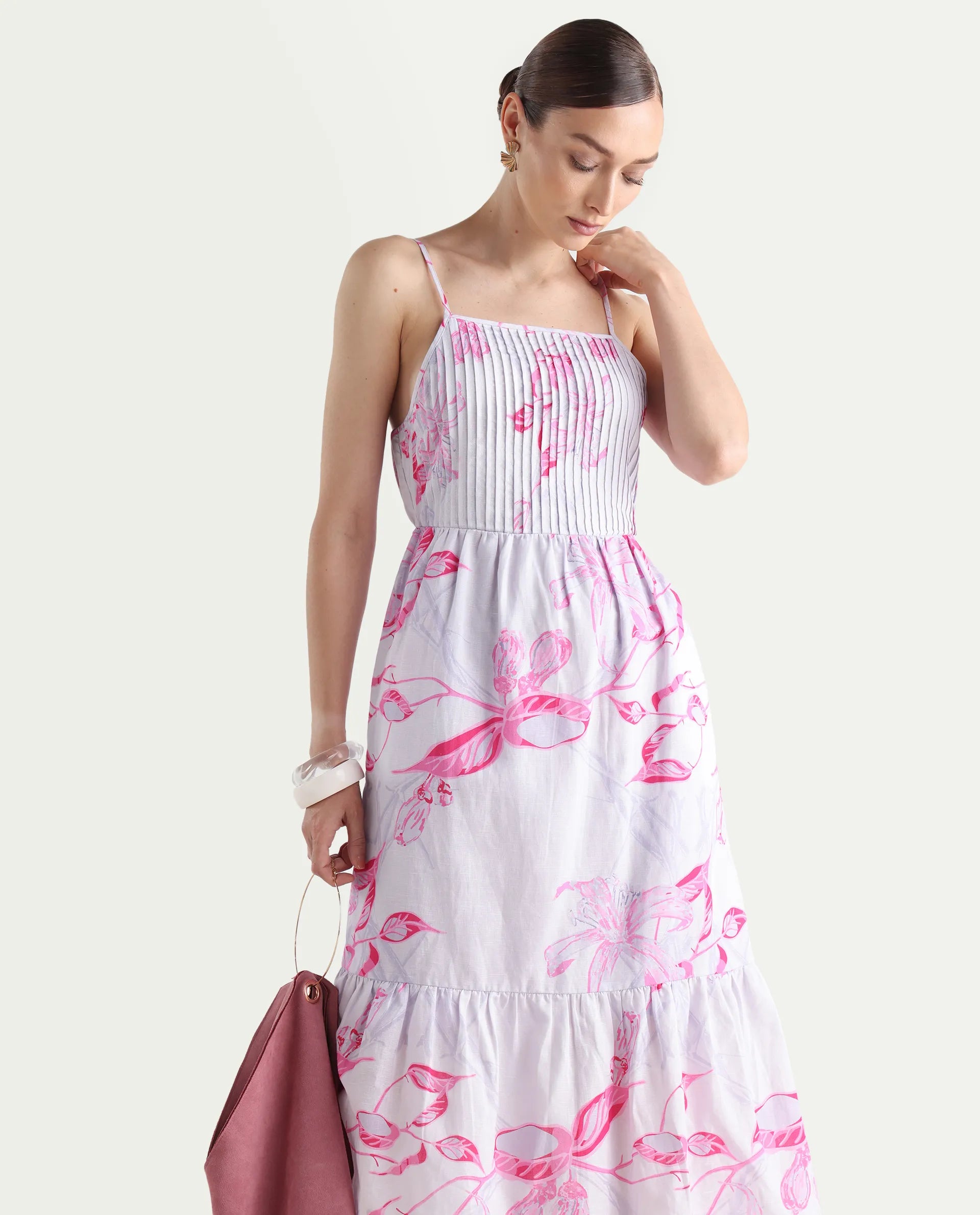 Rareism Women's Kanora Dusky Purple Cotton Blend Shoulder Strap Floral Print Sleeveless Midi Fit And Flare Dress