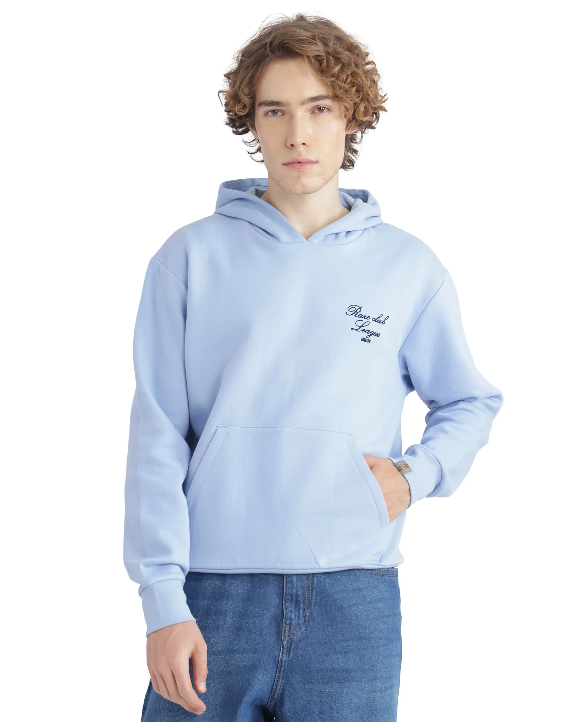 Rare Rabbit Men Kant Light Blue Full Sleeve Hooded Boxy Fit Printed Sweatshirt