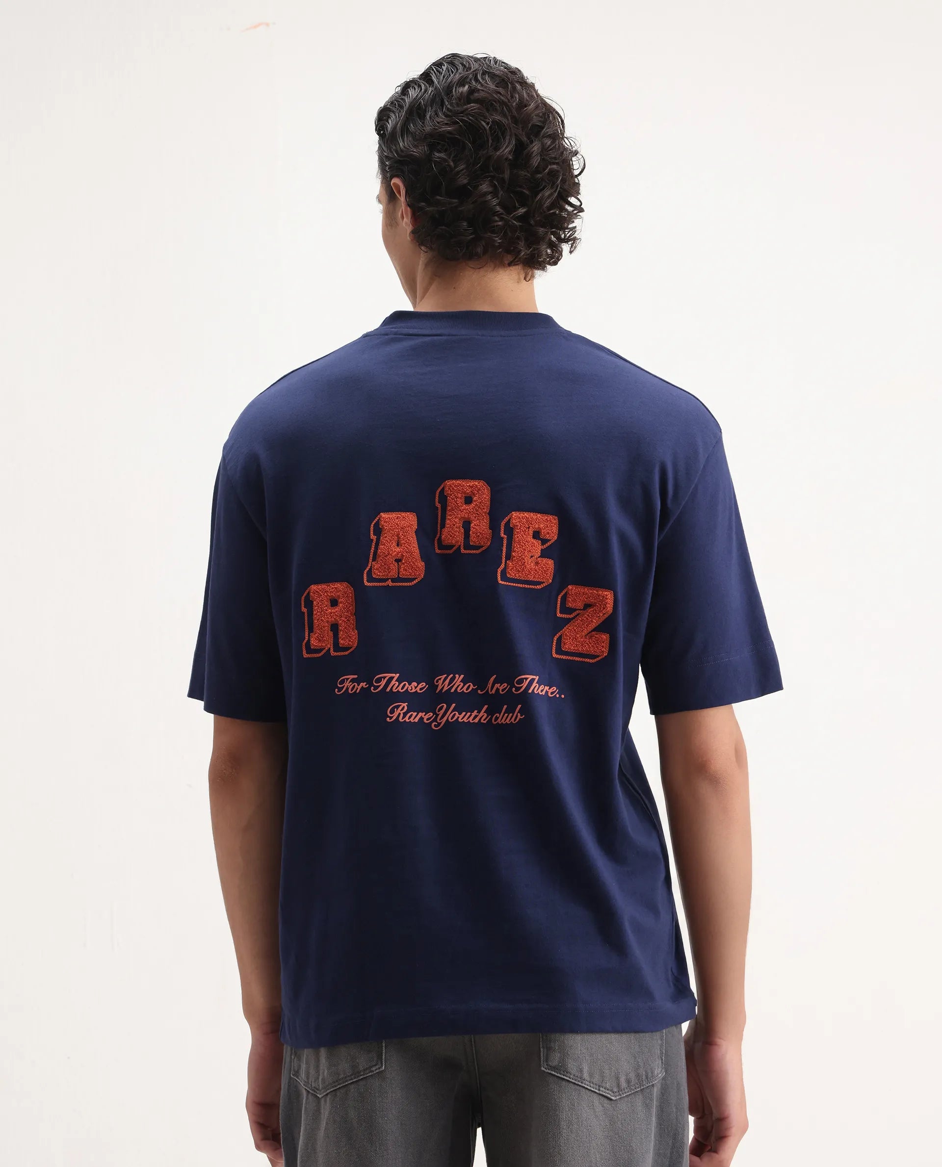 Rare Rabbit Men's Kany Blue Cotton Embroidered Oversized Fit Half Sleeve Crew Neck T-Shirt