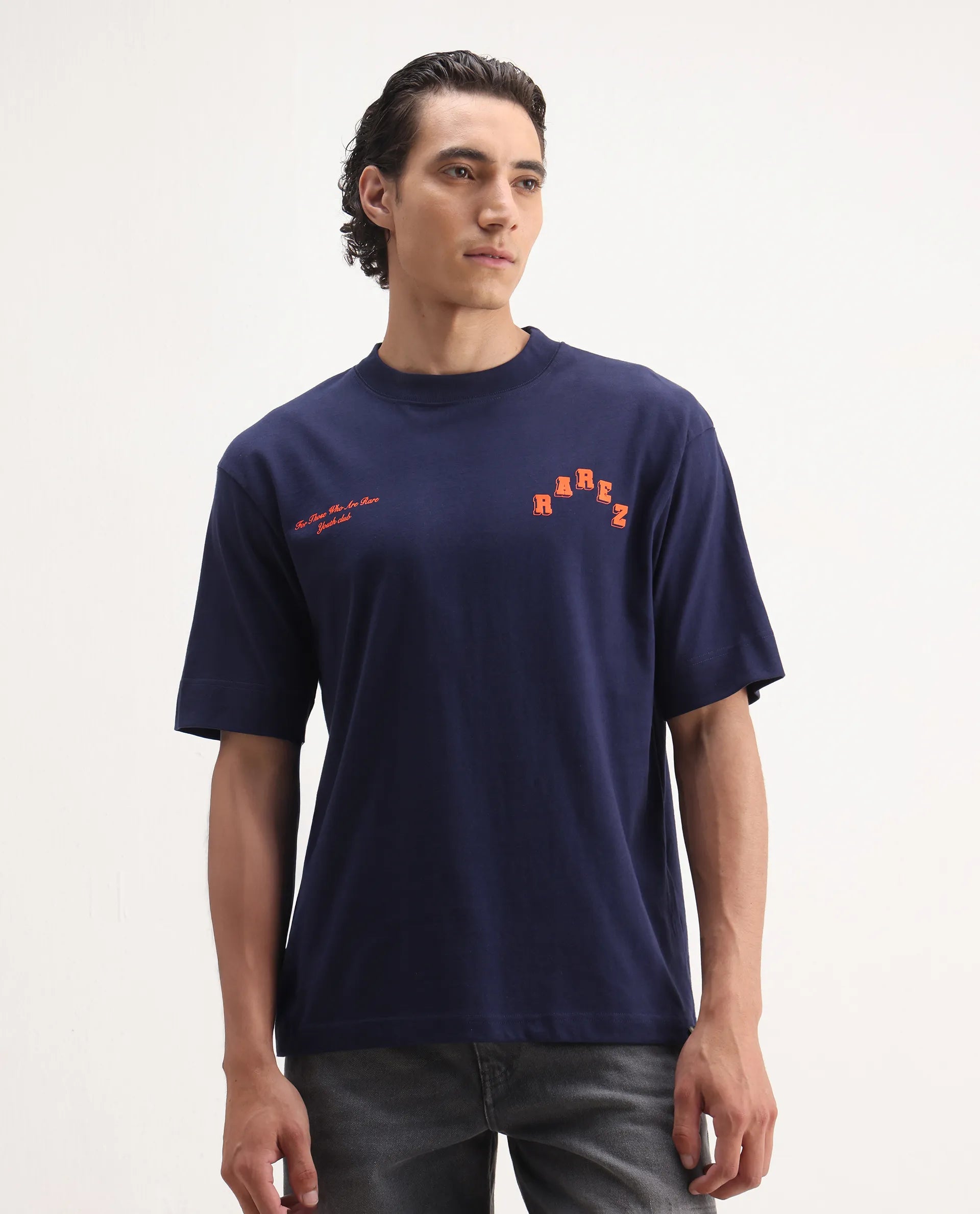 Rare Rabbit Men's Kany Blue Cotton Embroidered Oversized Fit Half Sleeve Crew Neck T-Shirt