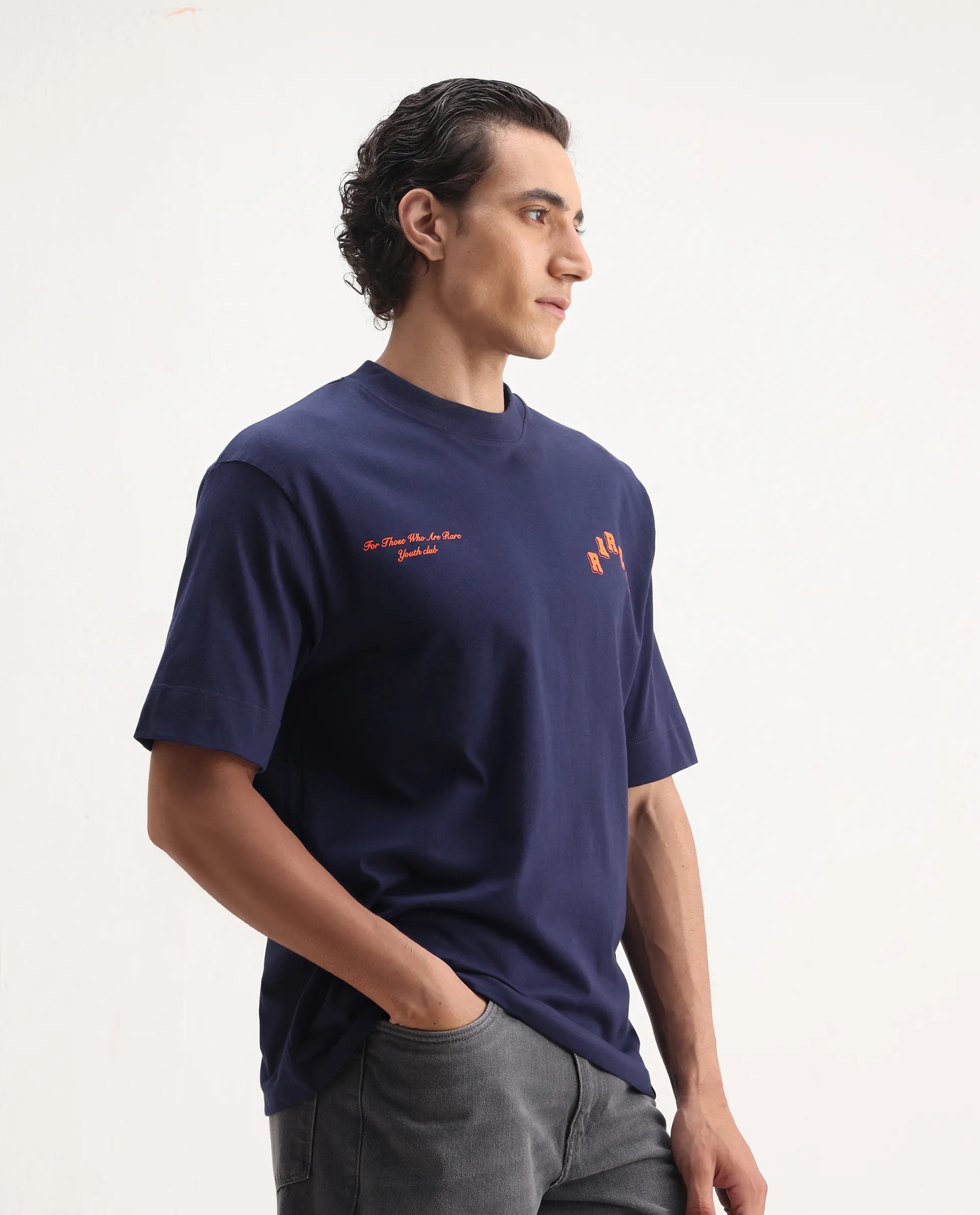 Rare Rabbit Men's Kany Blue Cotton Embroidered Oversized Fit Half Sleeve Crew Neck T-Shirt