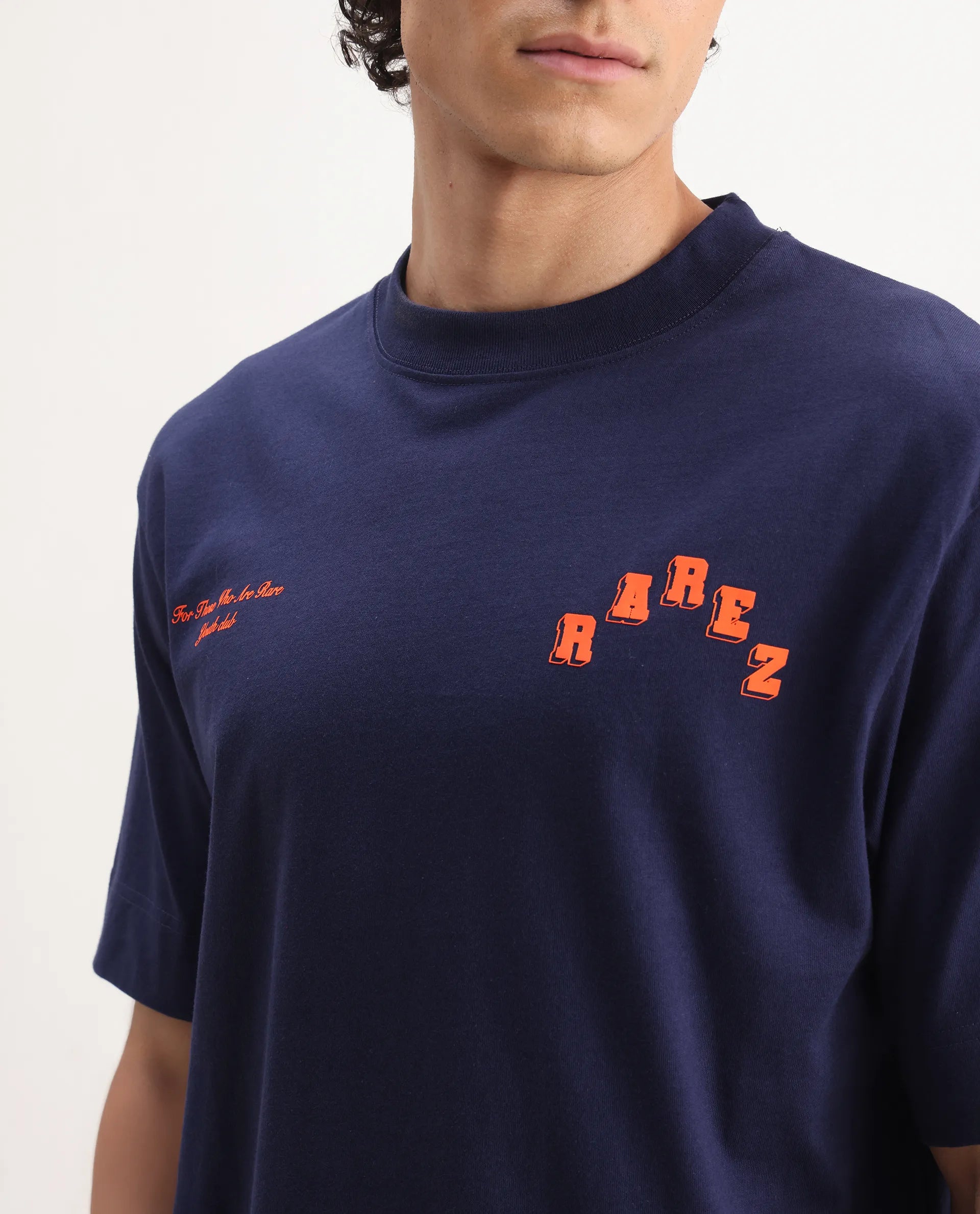 Rare Rabbit Men's Kany Blue Cotton Embroidered Oversized Fit Half Sleeve Crew Neck T-Shirt