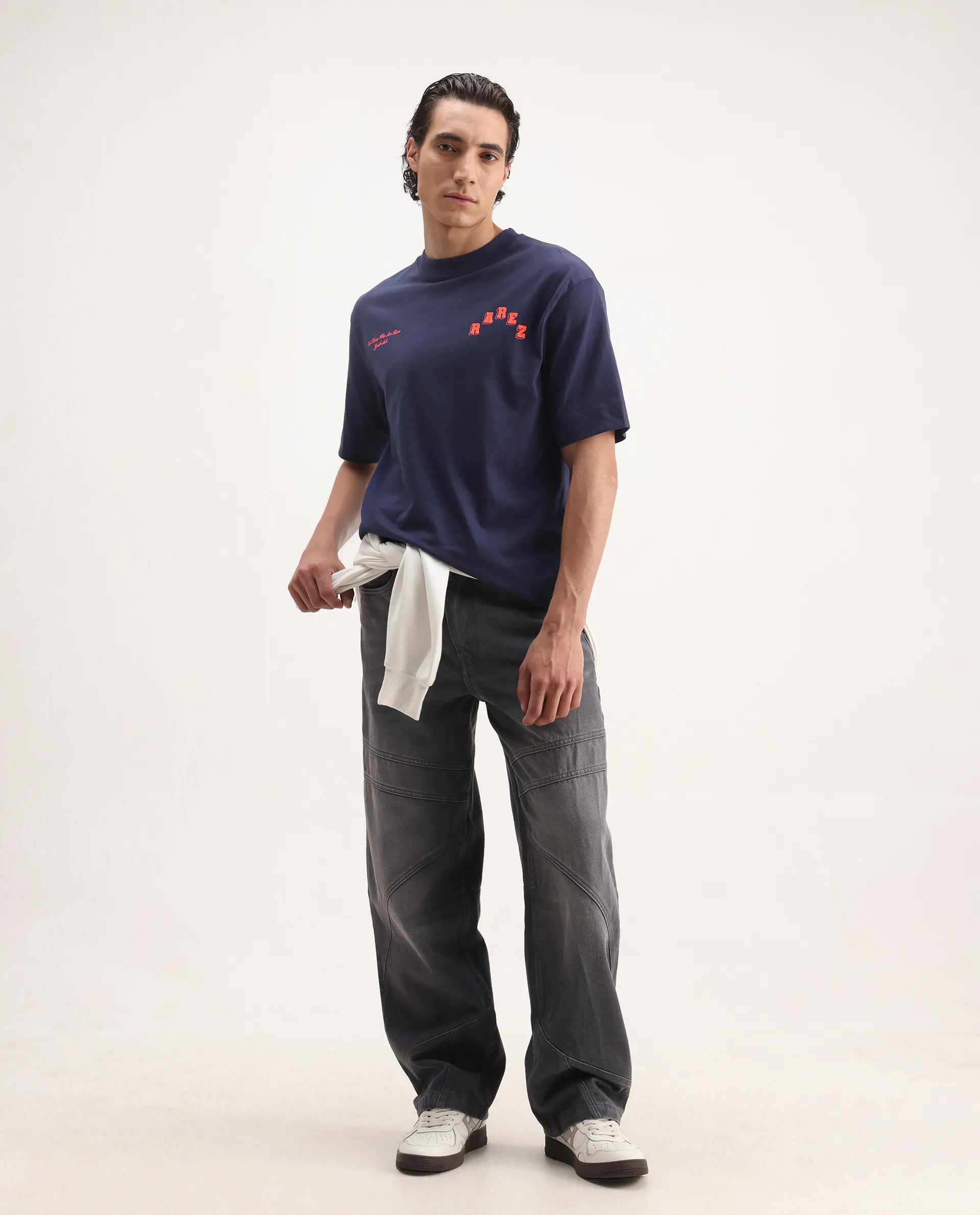 Rare Rabbit Men's Kany Blue Cotton Embroidered Oversized Fit Half Sleeve Crew Neck T-Shirt