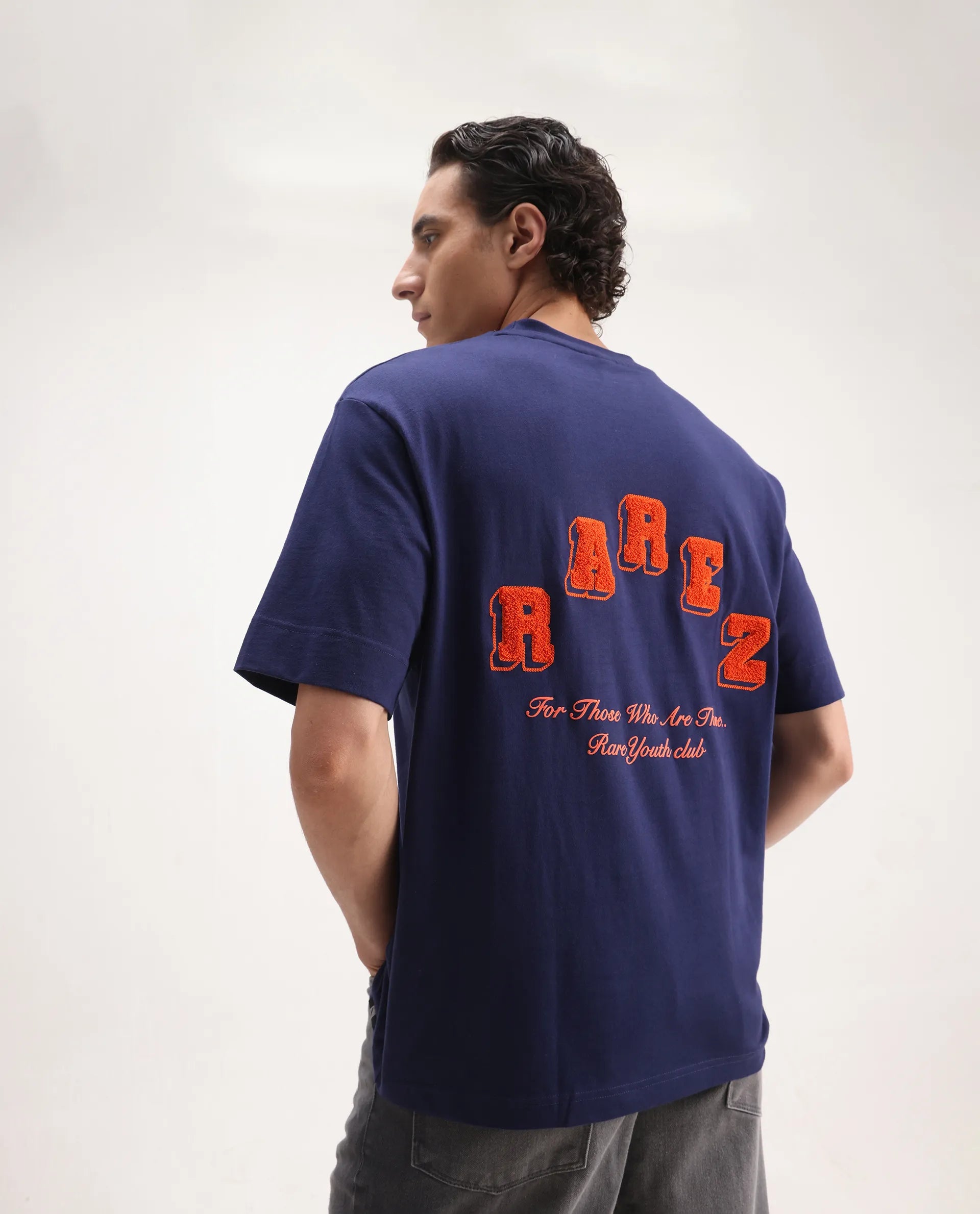 Rare Rabbit Men's Kany Blue Cotton Embroidered Oversized Fit Half Sleeve Crew Neck T-Shirt