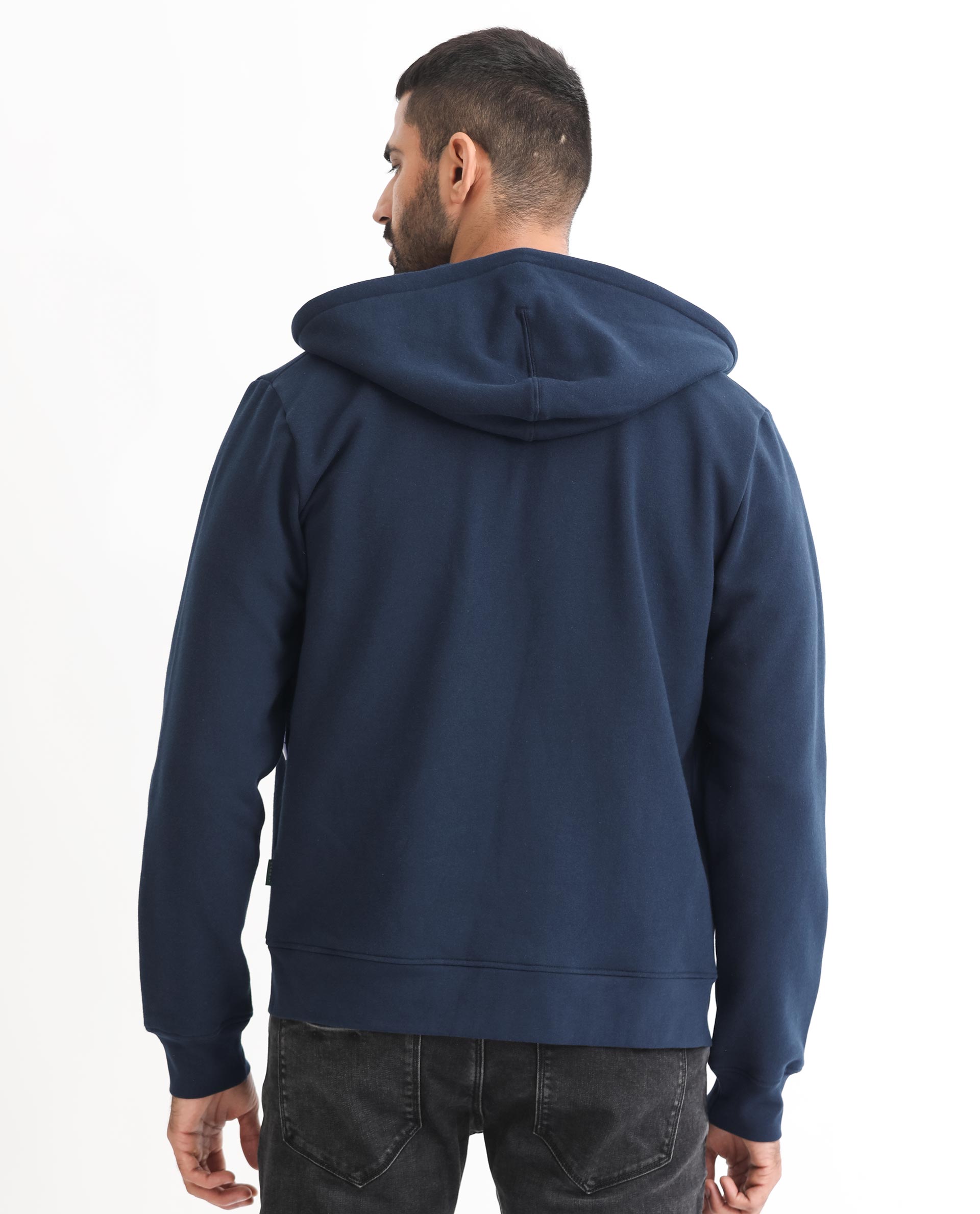 Rare Rabbit Men's Kaden Navy Cotton Polyester Fabric Full Sleeves Placement Foil Print Hooded Sweatshirt