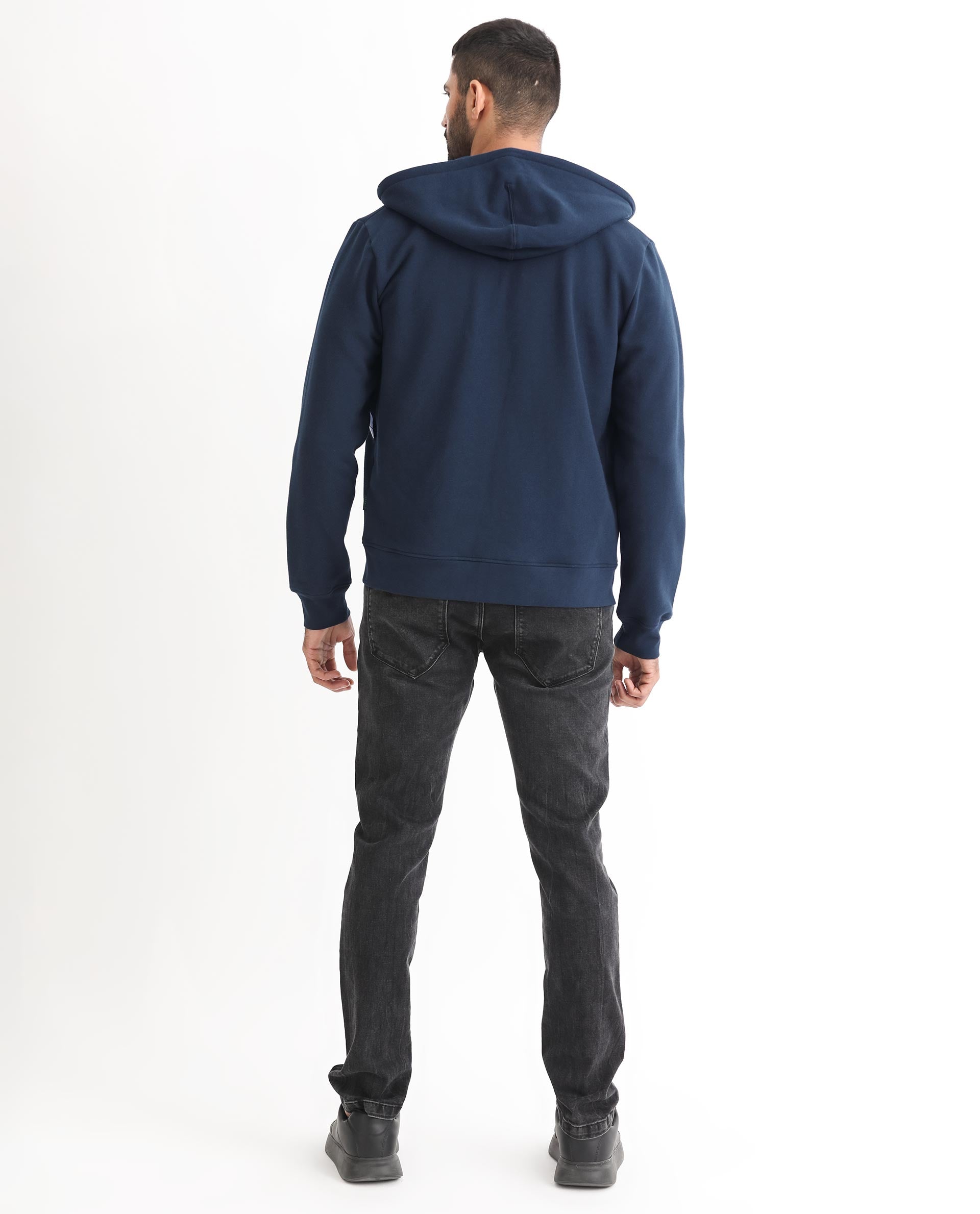 Rare Rabbit Men's Kaden Navy Cotton Polyester Fabric Full Sleeves Placement Foil Print Hooded Sweatshirt