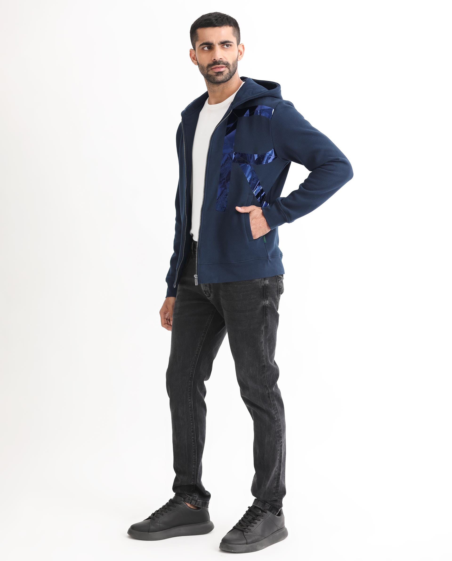 Rare Rabbit Men's Kaden Navy Cotton Polyester Fabric Full Sleeves Placement Foil Print Hooded Sweatshirt