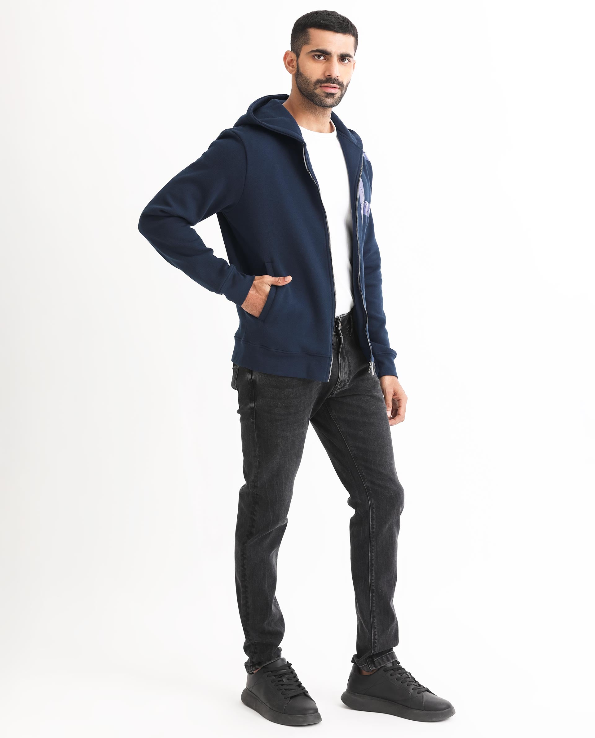 Rare Rabbit Men's Kaden Navy Cotton Polyester Fabric Full Sleeves Placement Foil Print Hooded Sweatshirt