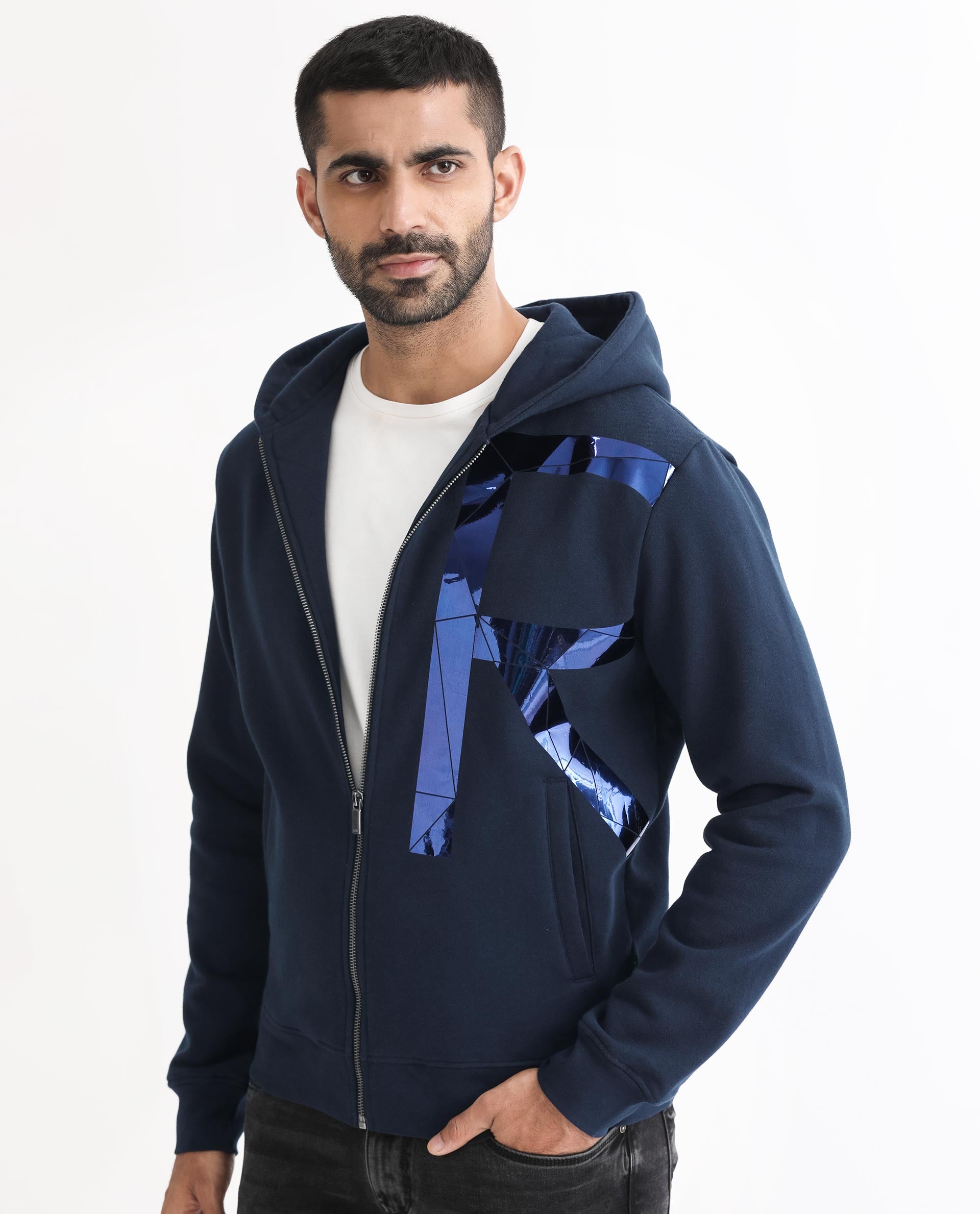 Rare Rabbit Men's Kaden Navy Cotton Polyester Fabric Full Sleeves Placement Foil Print Hooded Sweatshirt
