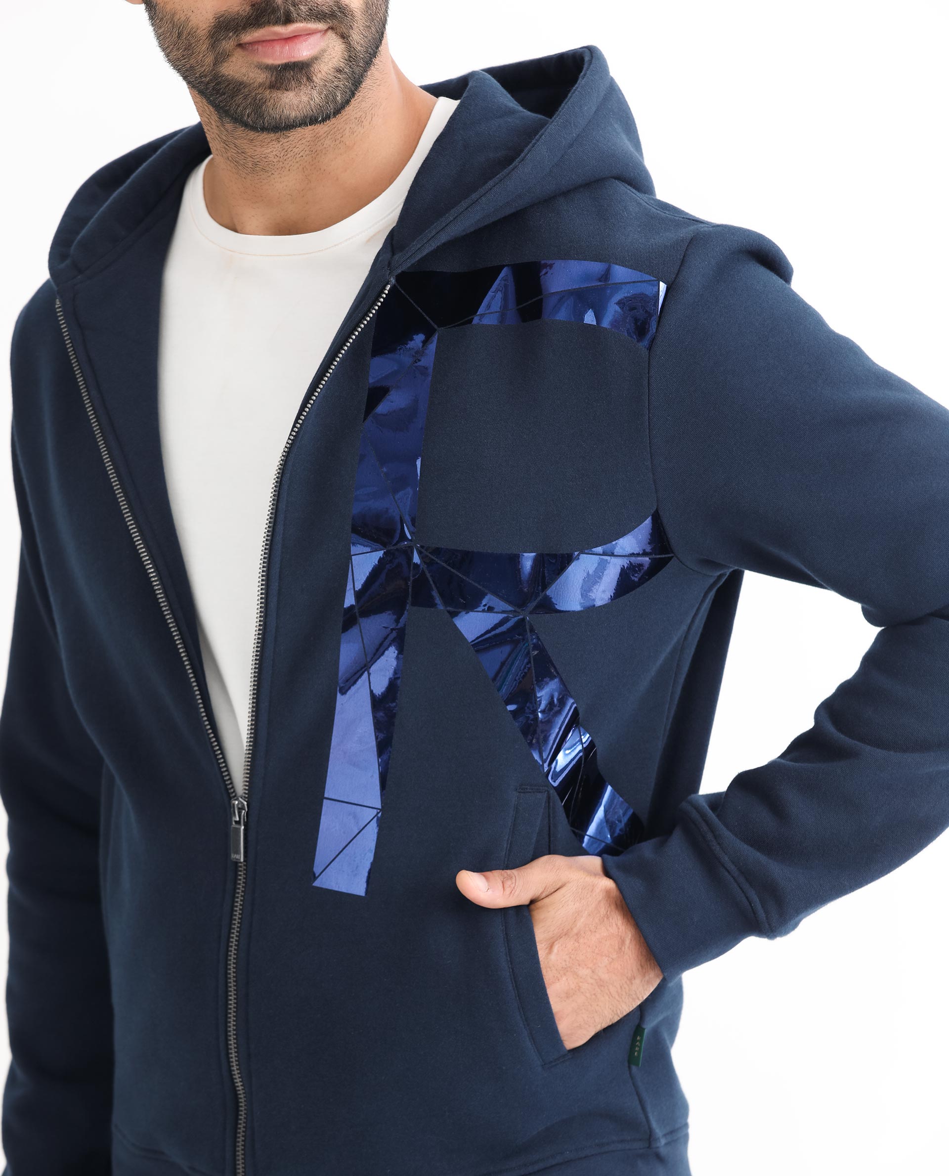 Rare Rabbit Men's Kaden Navy Cotton Polyester Fabric Full Sleeves Placement Foil Print Hooded Sweatshirt