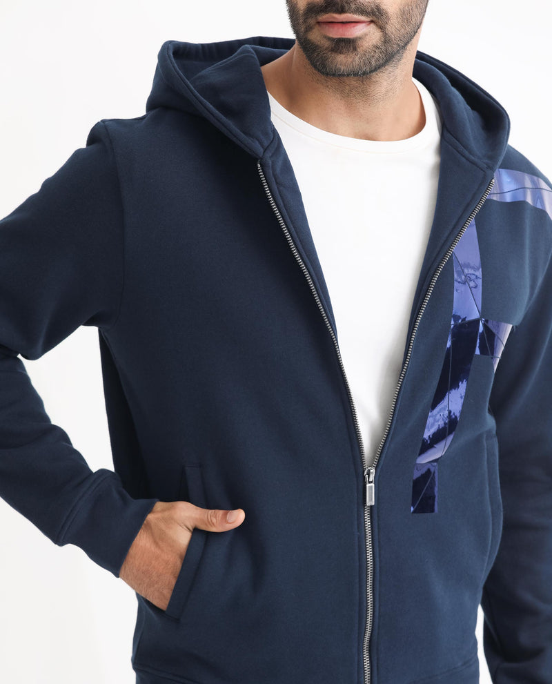Rare Rabbit Men's Kaden Navy Cotton Polyester Fabric Full Sleeves Placement Foil Print Hooded Sweatshirt