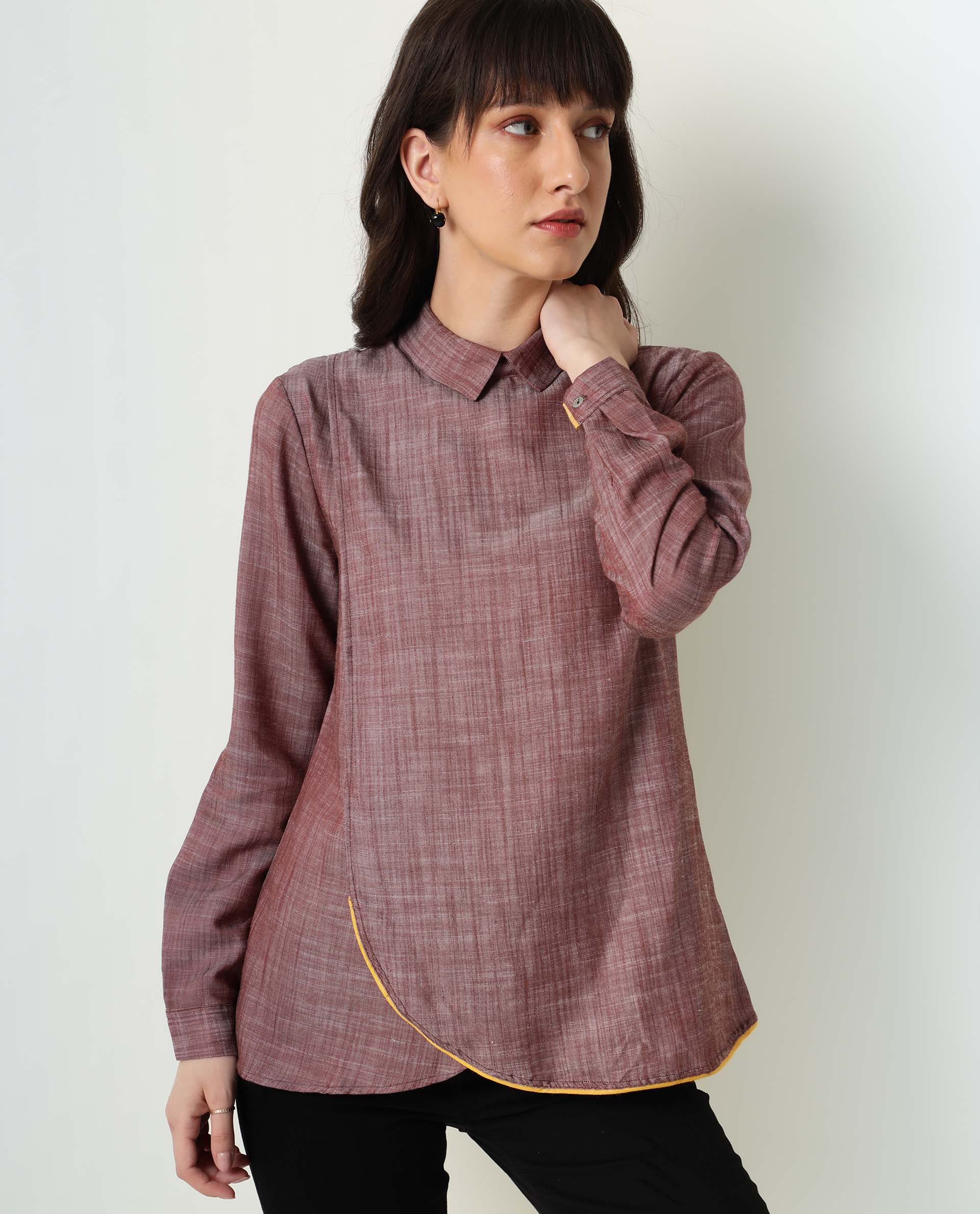 Rareism Womens Kara Brown Top Polycotton Fabric Full Sleeves Collar Neck