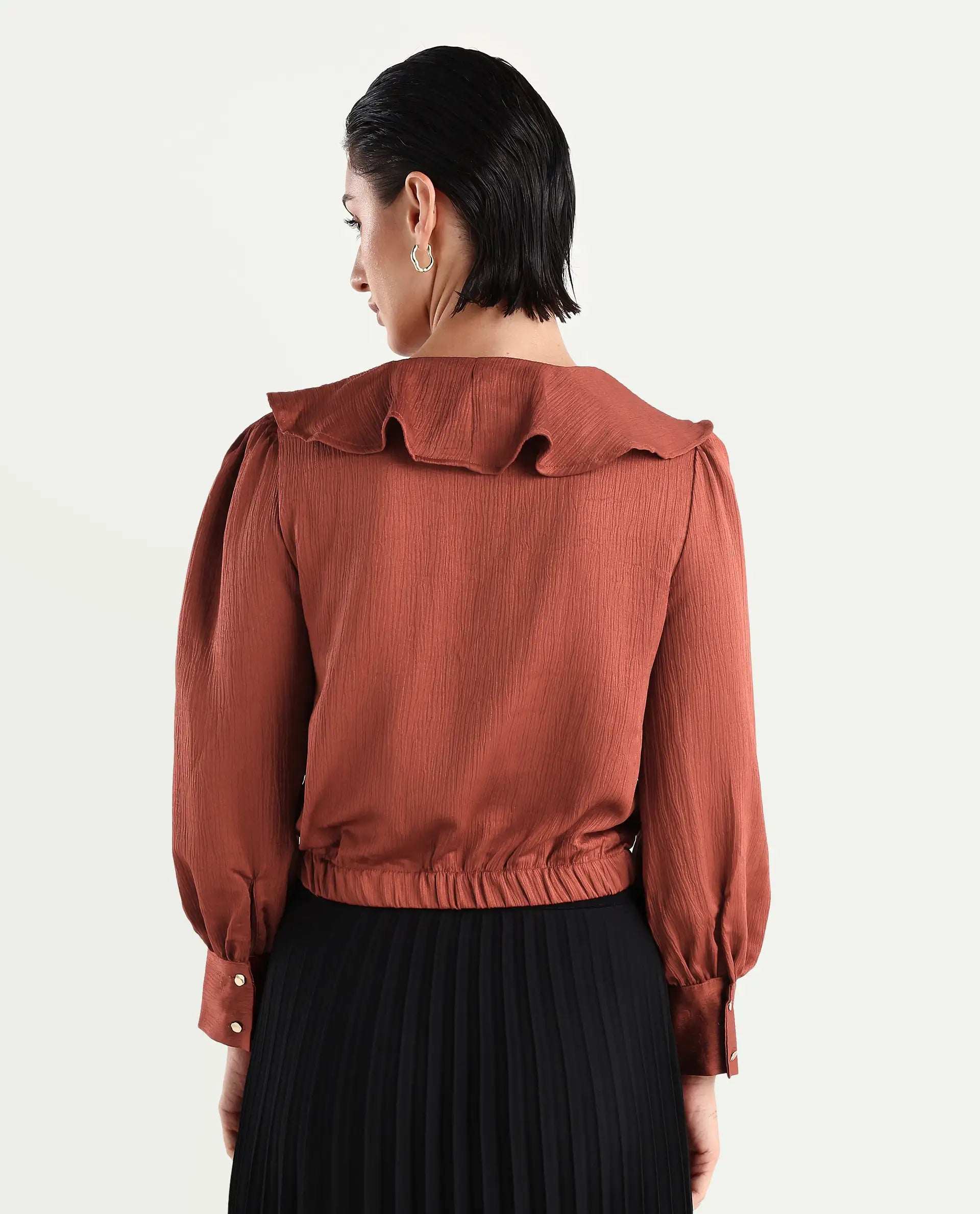 Rareism Women's Karabuk Orange Polyester Tie-Up Neck Plain Cuffed Sleeve Crop Regular Fit Top