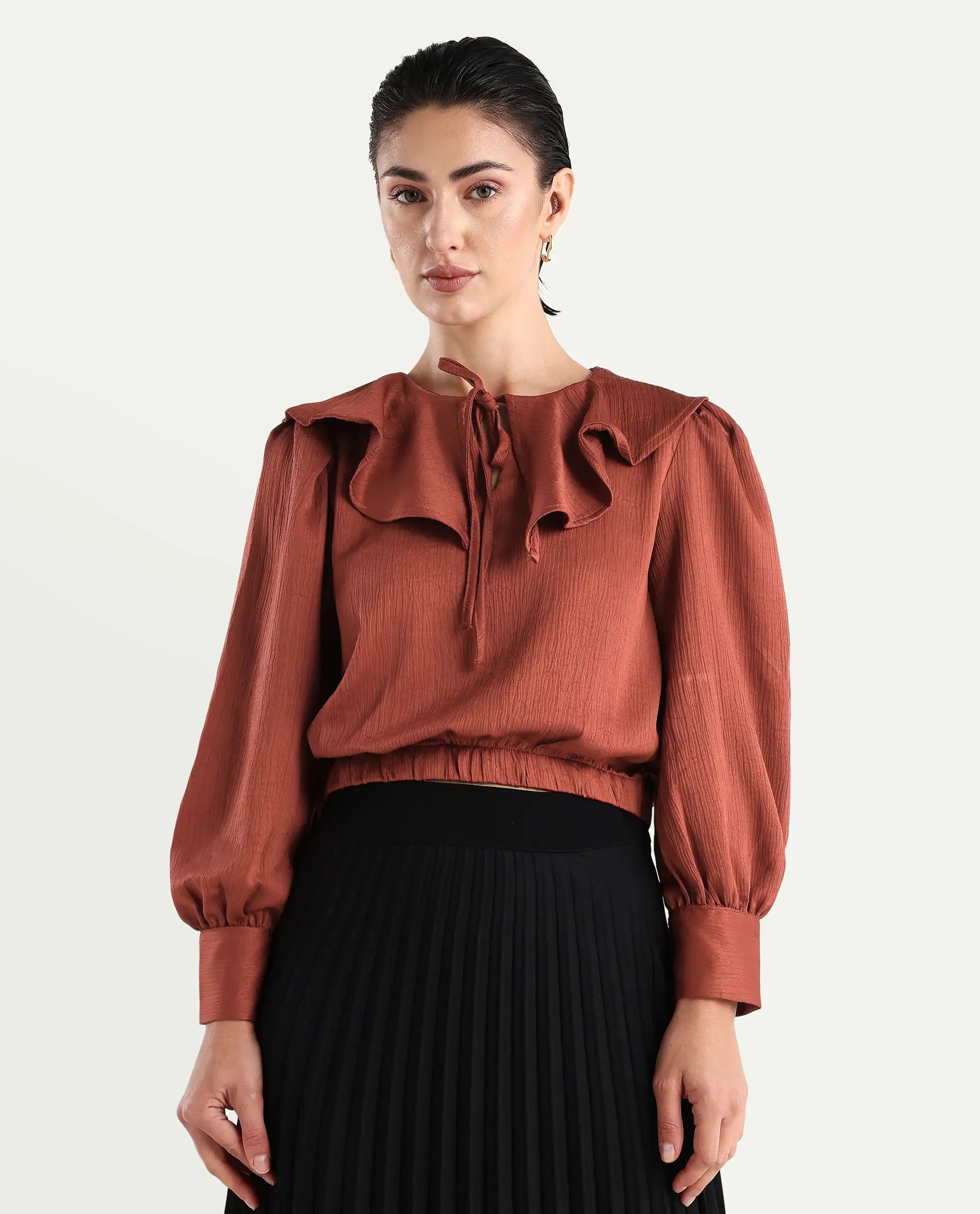 Rareism Women's Karabuk Orange Polyester Tie-Up Neck Plain Cuffed Sleeve Crop Regular Fit Top