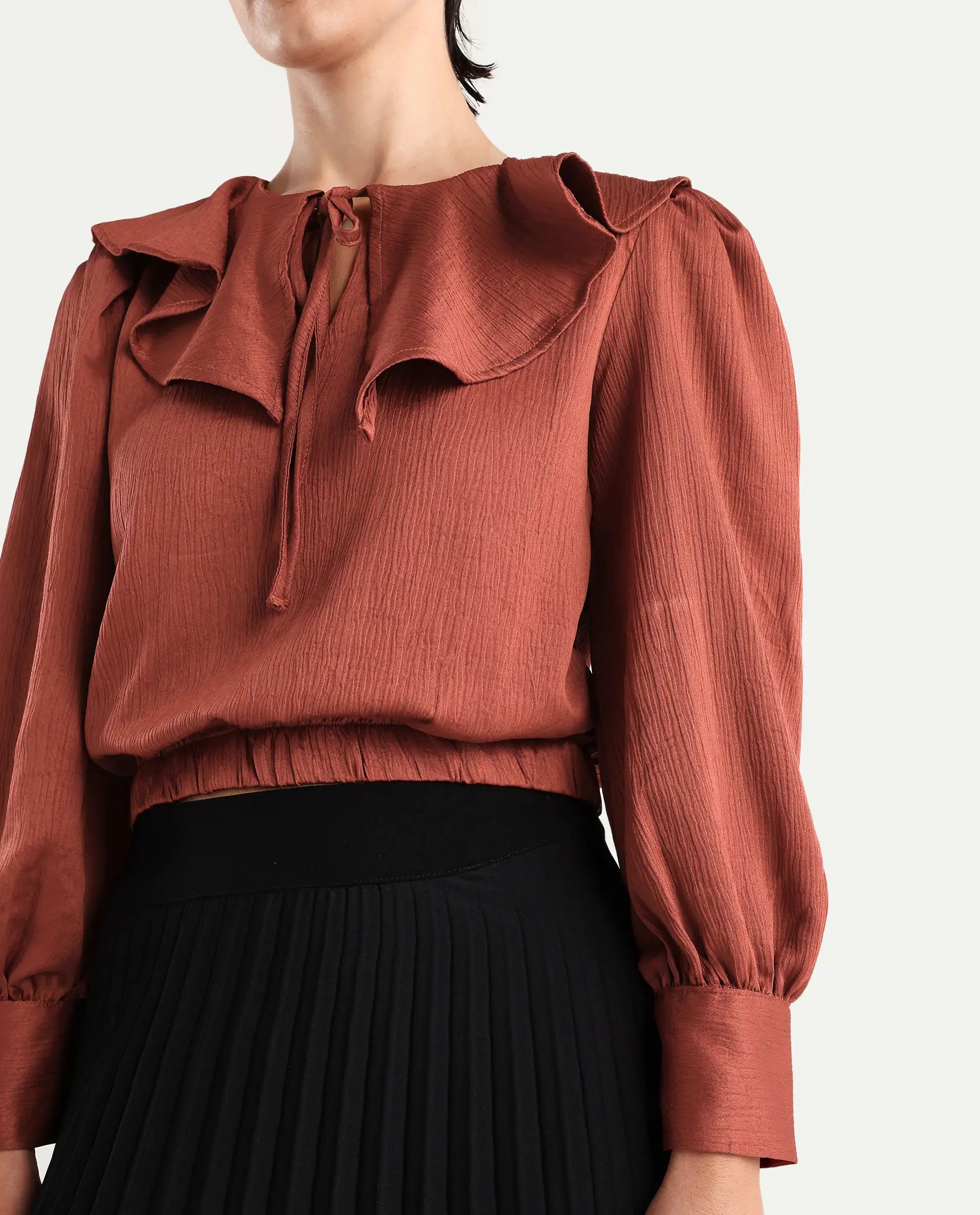 Rareism Women's Karabuk Orange Polyester Tie-Up Neck Plain Cuffed Sleeve Crop Regular Fit Top