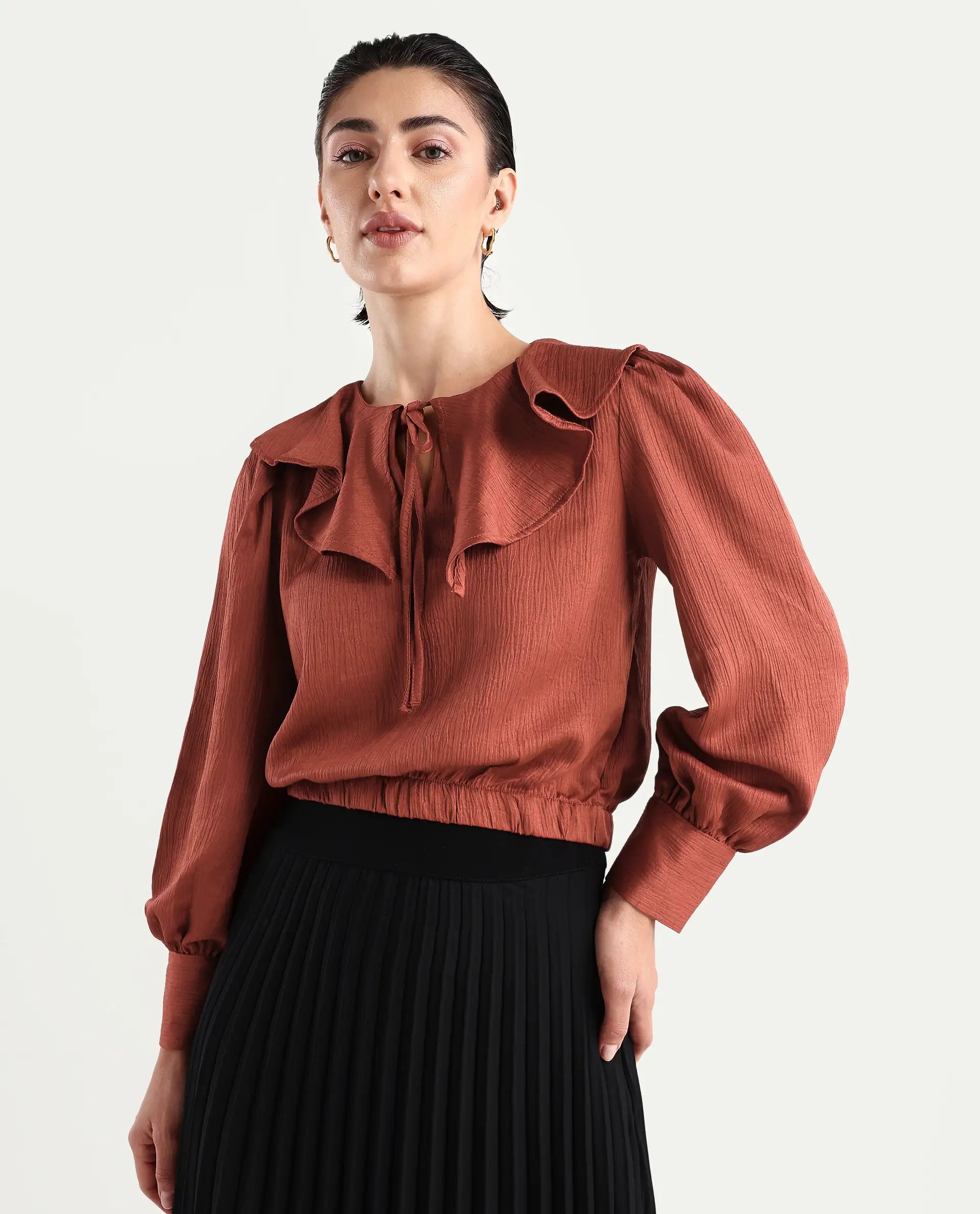 Rareism Women's Karabuk Orange Polyester Tie-Up Neck Plain Cuffed Sleeve Crop Regular Fit Top