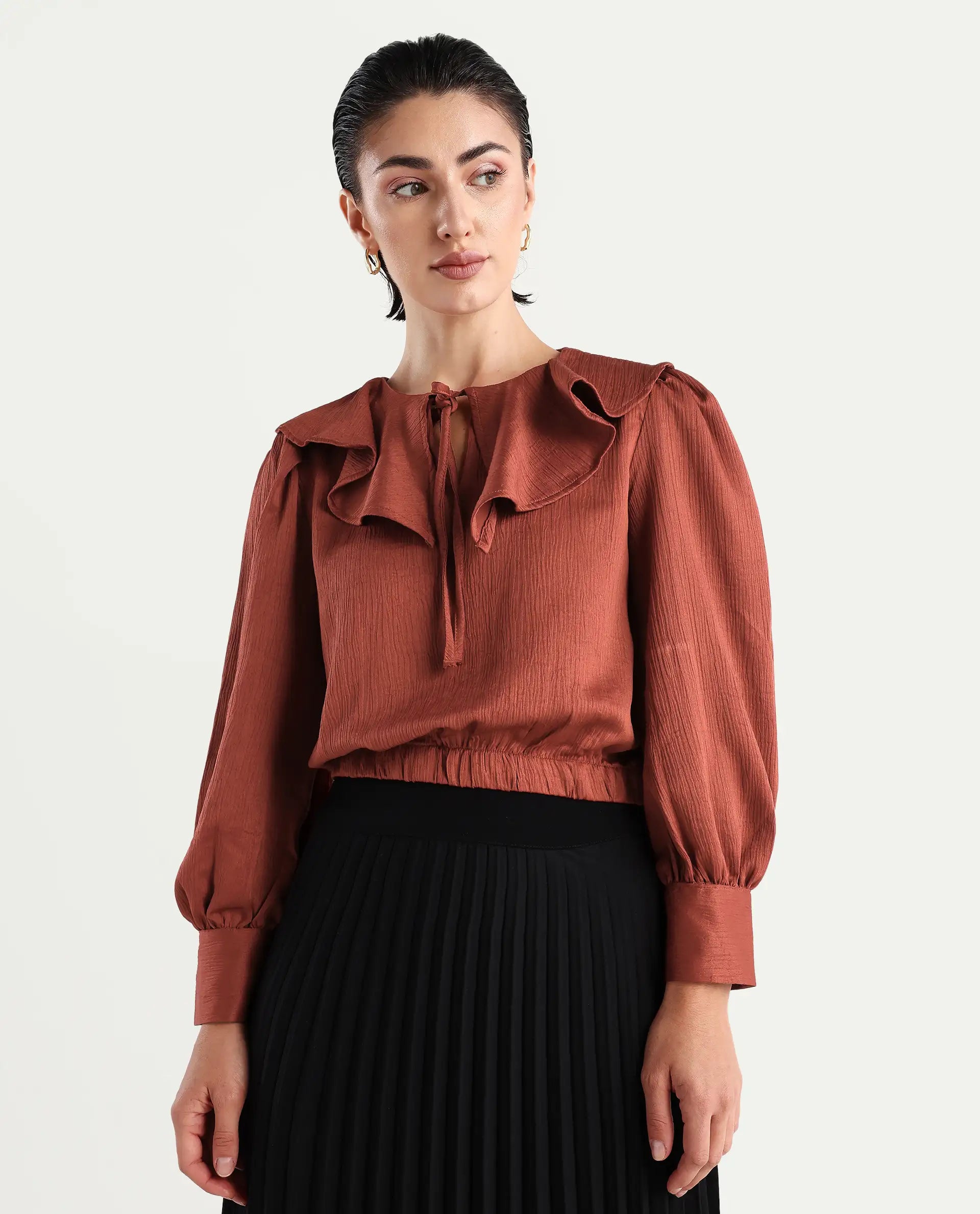 Rareism Women's Karabuk Orange Polyester Tie-Up Neck Plain Cuffed Sleeve Crop Regular Fit Top