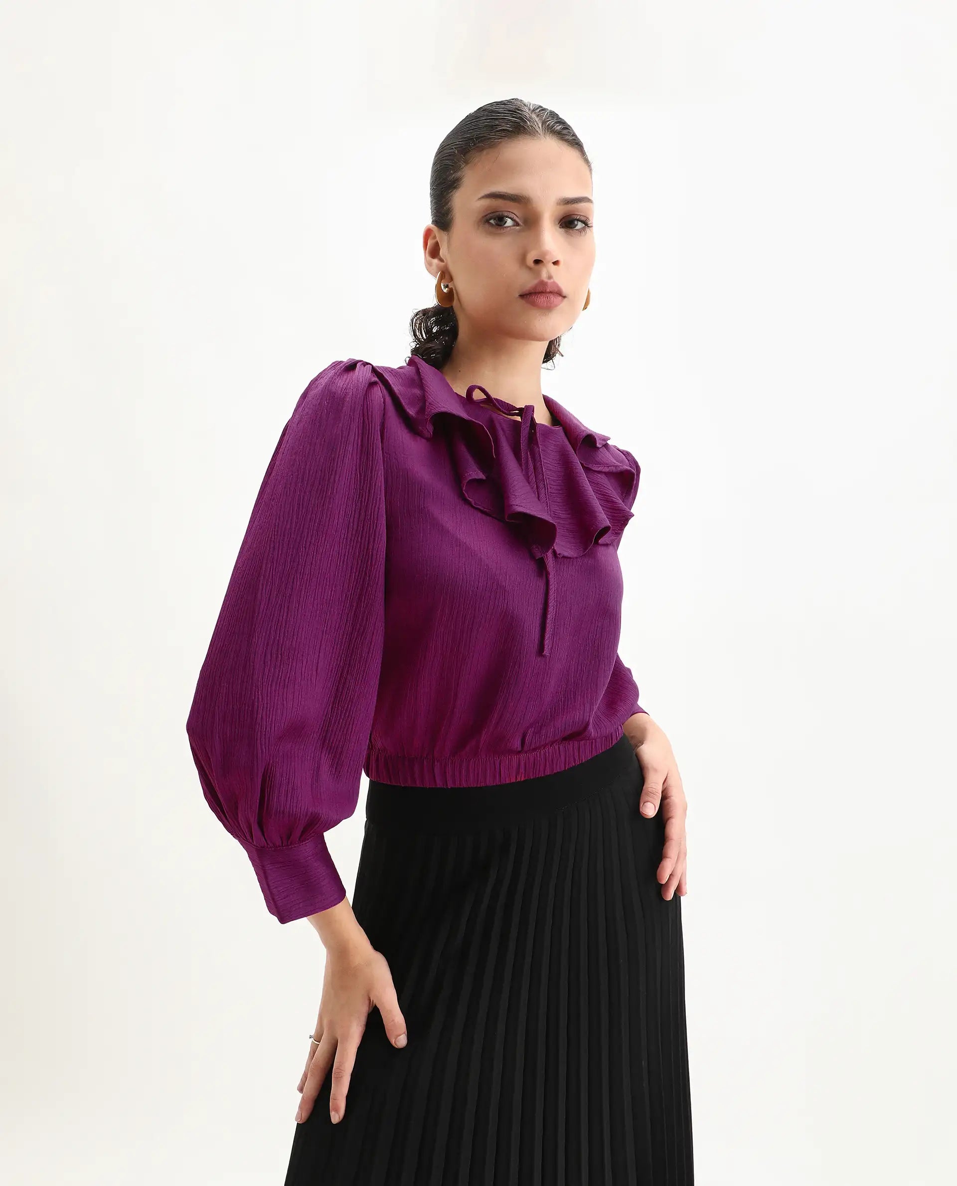Rareism Women's Karabuk Purple Polyester Tie-Up Neck Plain Cuffed Sleeve Crop Regular Fit Top