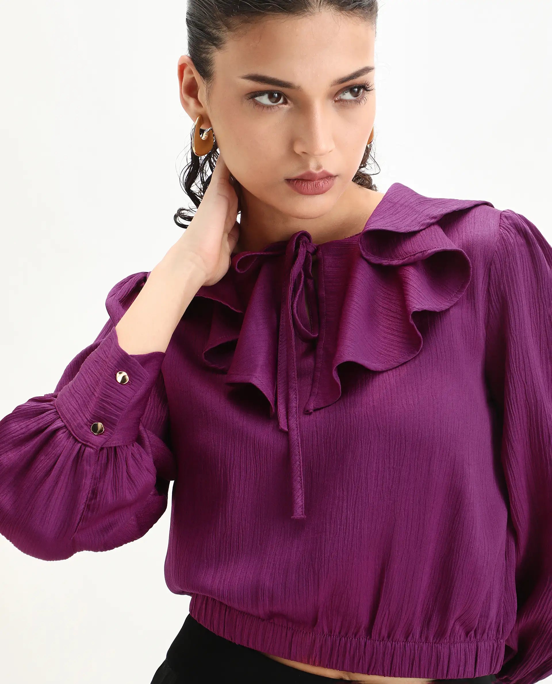 Rareism Women's Karabuk Purple Polyester Tie-Up Neck Plain Cuffed Sleeve Crop Regular Fit Top