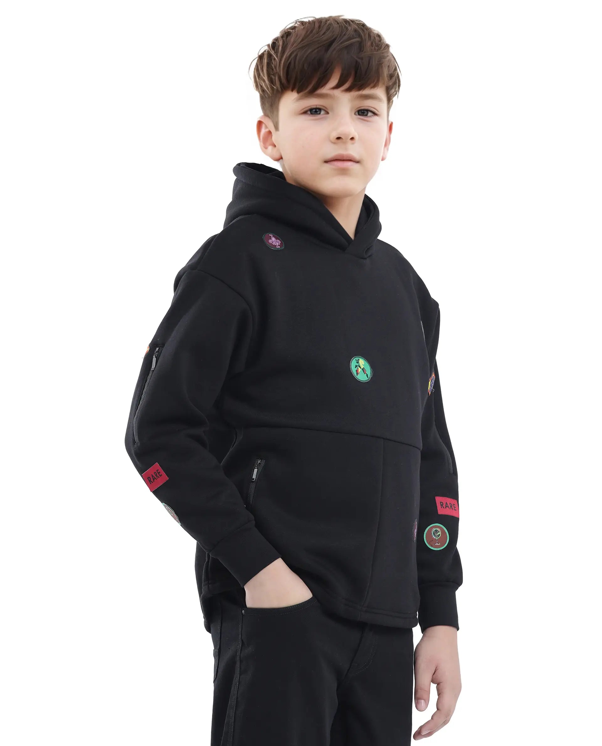 Rare Ones Kids Kar Black Cotton Poly Full Sleeve Applique Sweatshirt