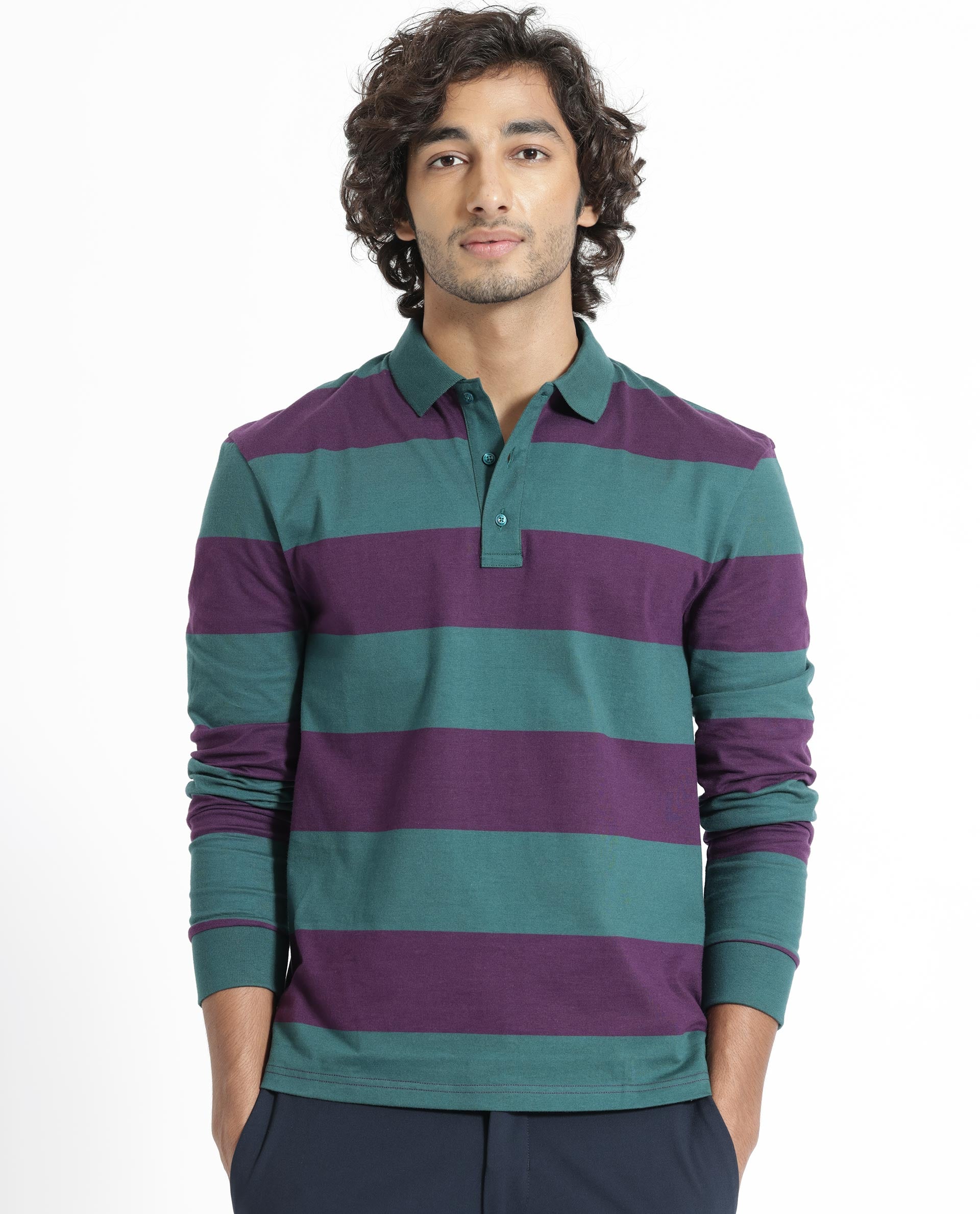 Rare Rabbit Men's Karen Dark Purple Cotton Striped Print Regular Fit Full Sleeve Polo