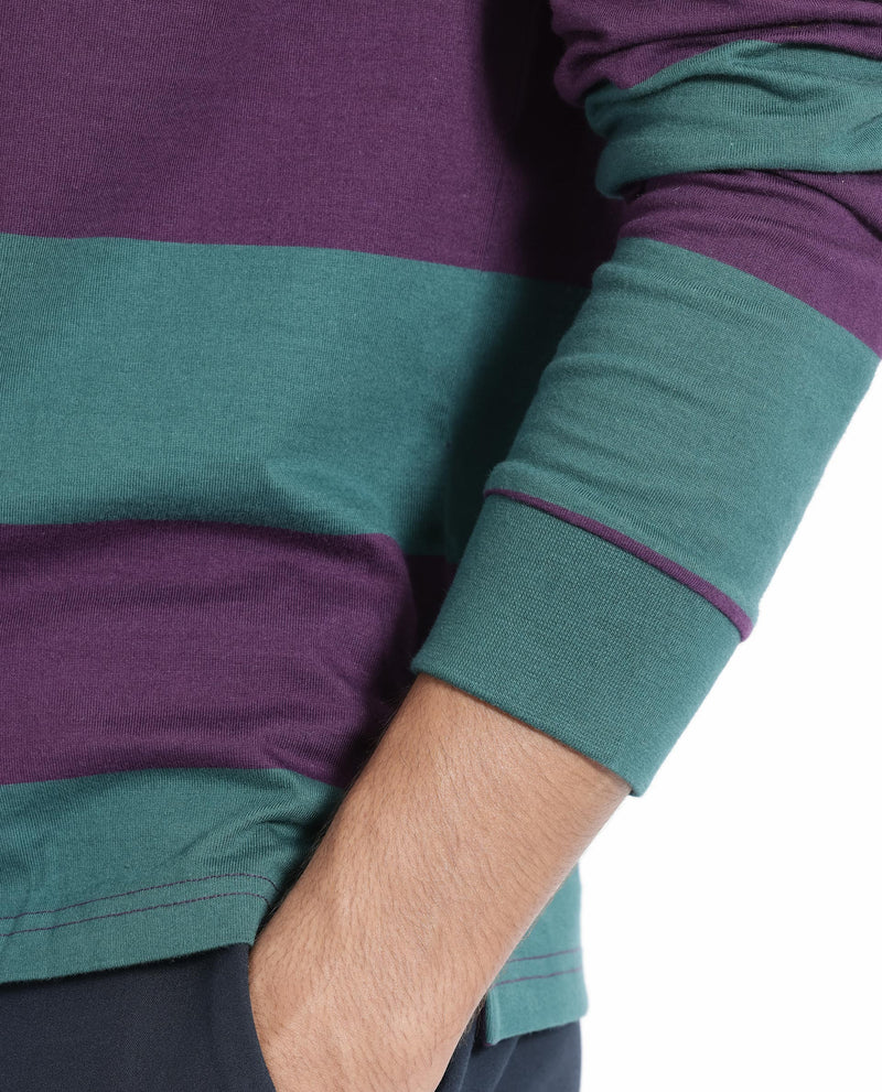 Rare Rabbit Men's Karen Dark Purple Collared Neck Full Sleeves Striped Polo T-Shirt
