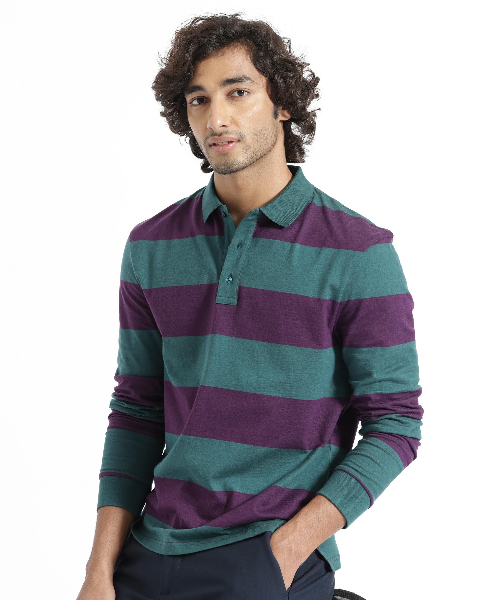 Rare Rabbit Men's Karen Dark Purple Cotton Striped Print Regular Fit Full Sleeve Polo