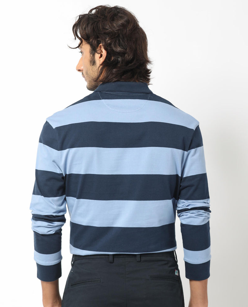 Rare Rabbit Men's Karen Dusky Blue Collared Neck Full Sleeves Striped Polo T-Shirt