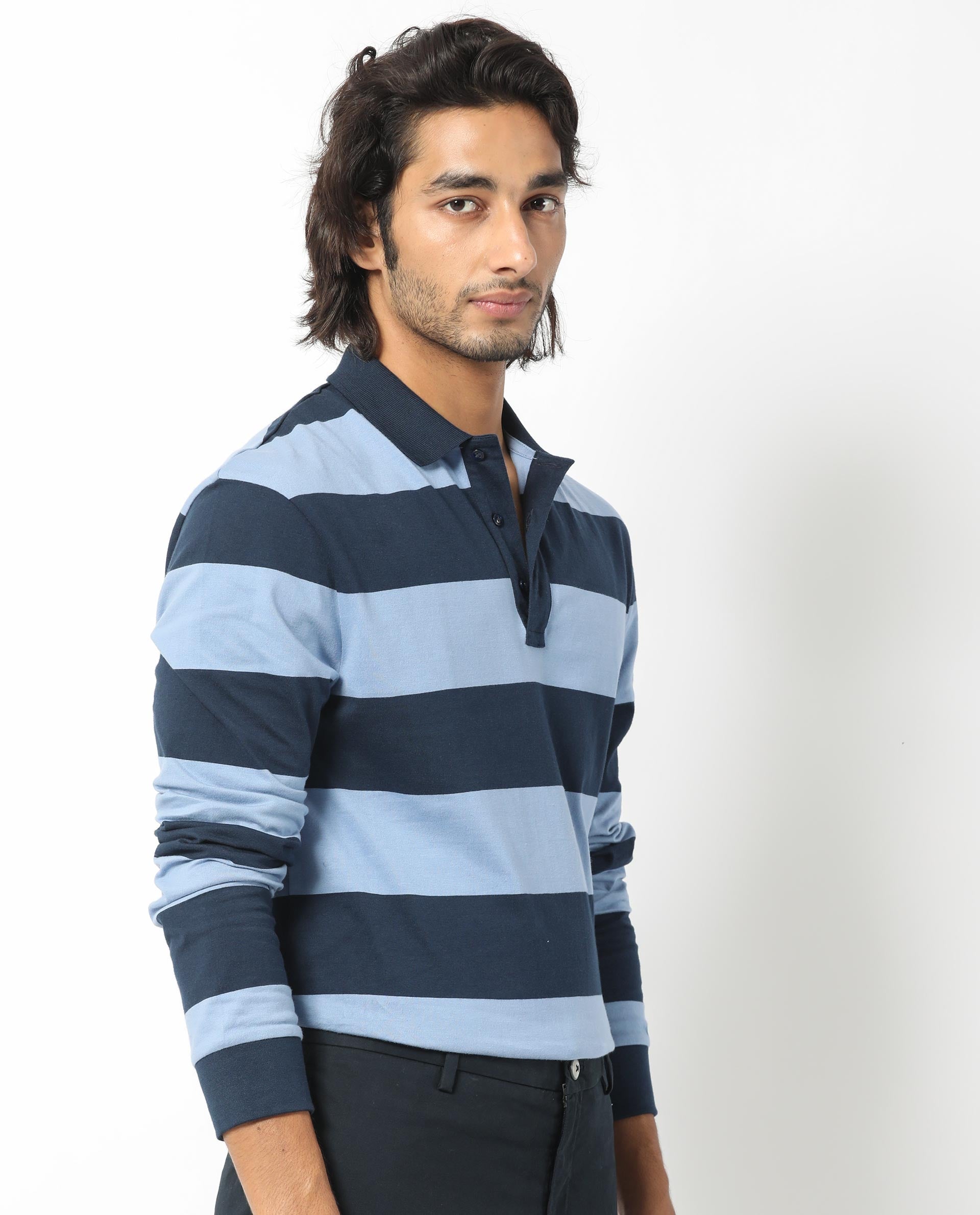 Rare Rabbit Men's Karen Dusky Blue Collared Neck Full Sleeves Striped Polo T-Shirt