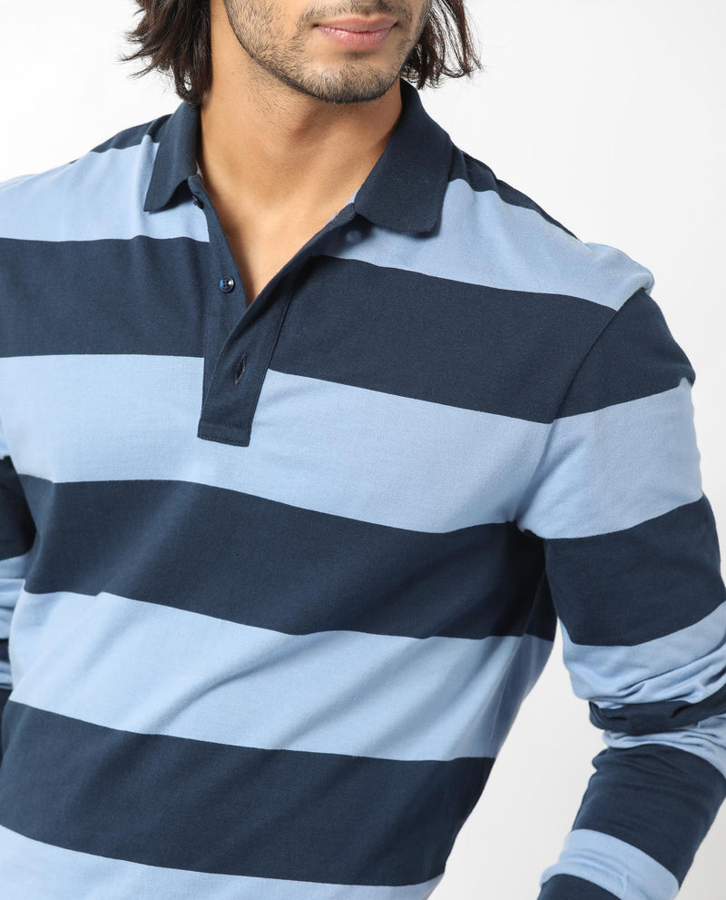 Rare Rabbit Men's Karen Dusky Blue Collared Neck Full Sleeves Striped Polo T-Shirt