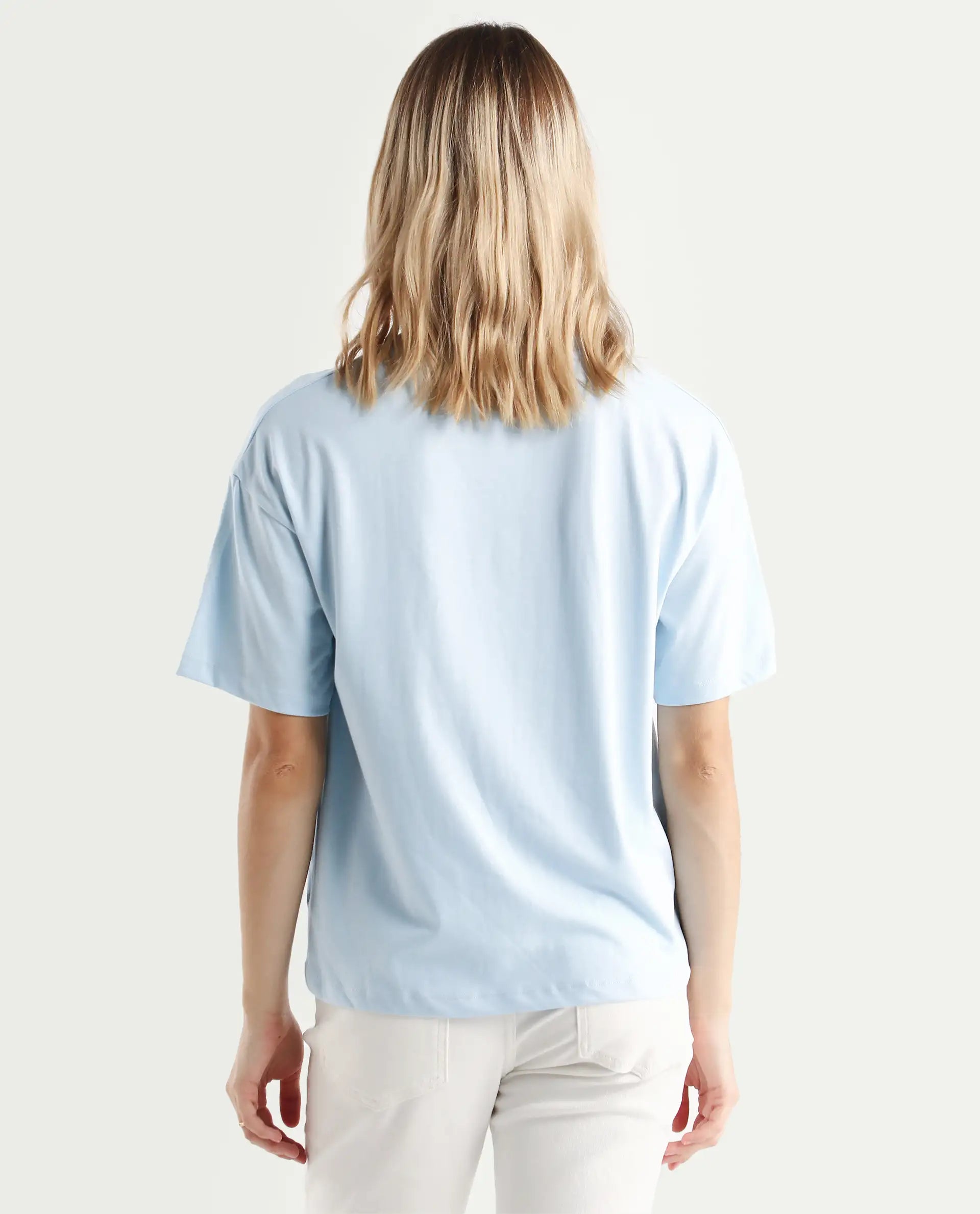 Rareism Women's Karen Light Blue Cotton Blend Crew Neck Graphic Print Boxy Fit T-Shirt