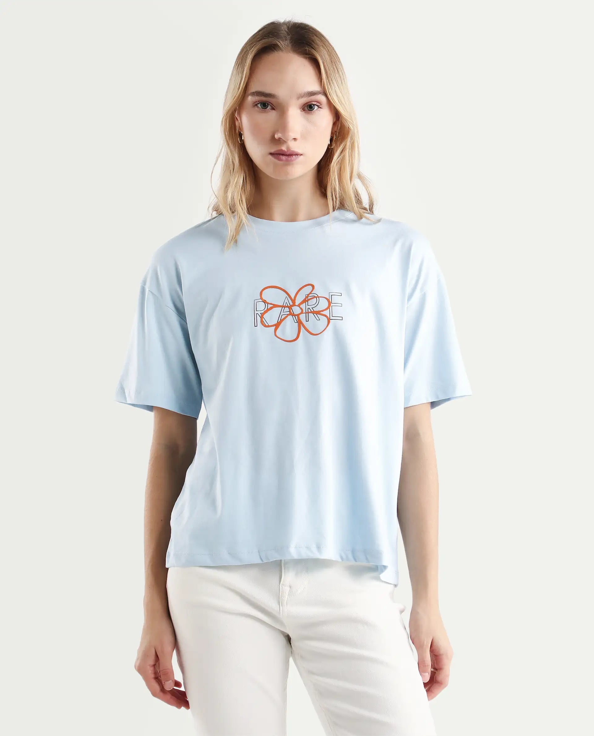 Rareism Women's Karen Light Blue Cotton Blend Crew Neck Graphic Print Boxy Fit T-Shirt