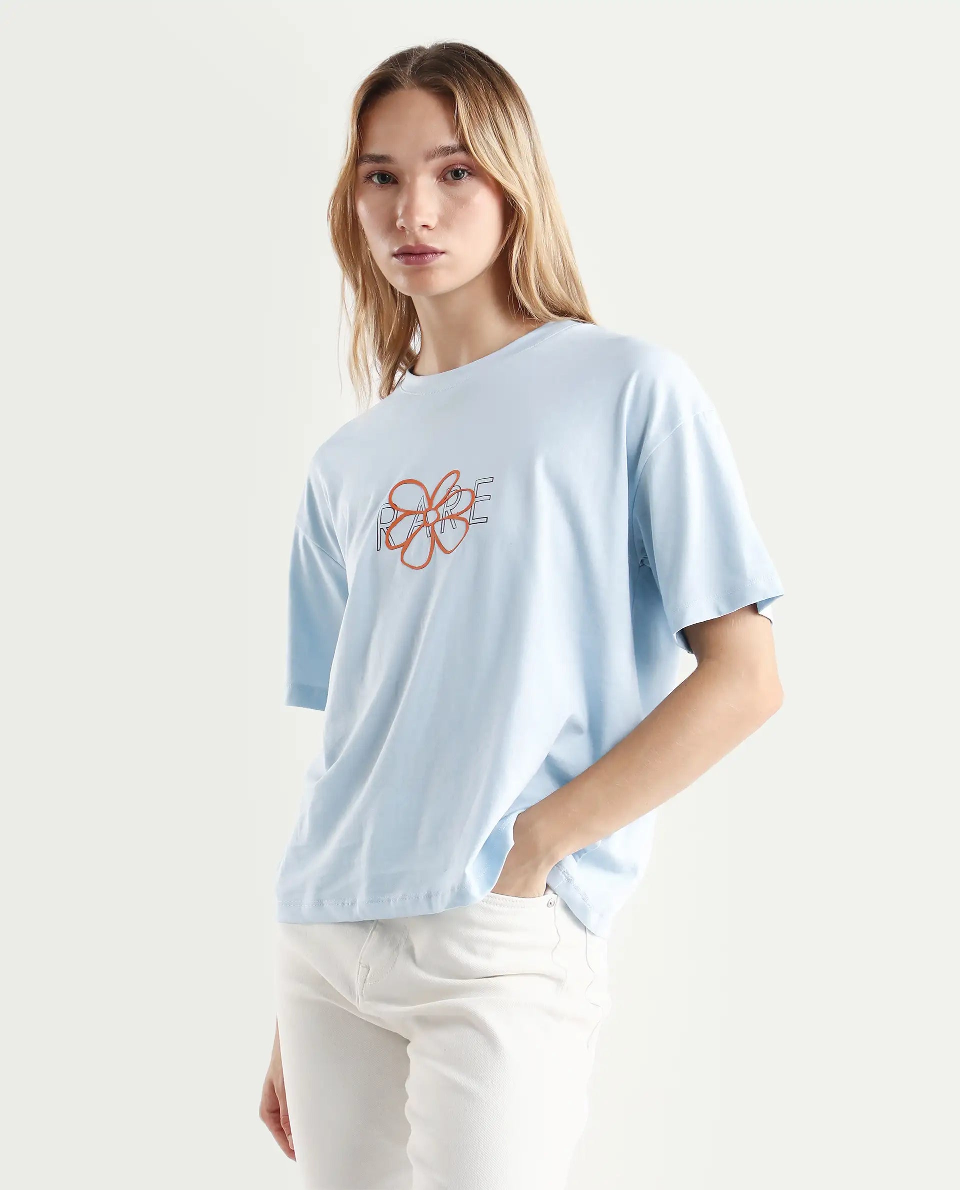 Rareism Women's Karen Light Blue Cotton Blend Crew Neck Graphic Print Boxy Fit T-Shirt