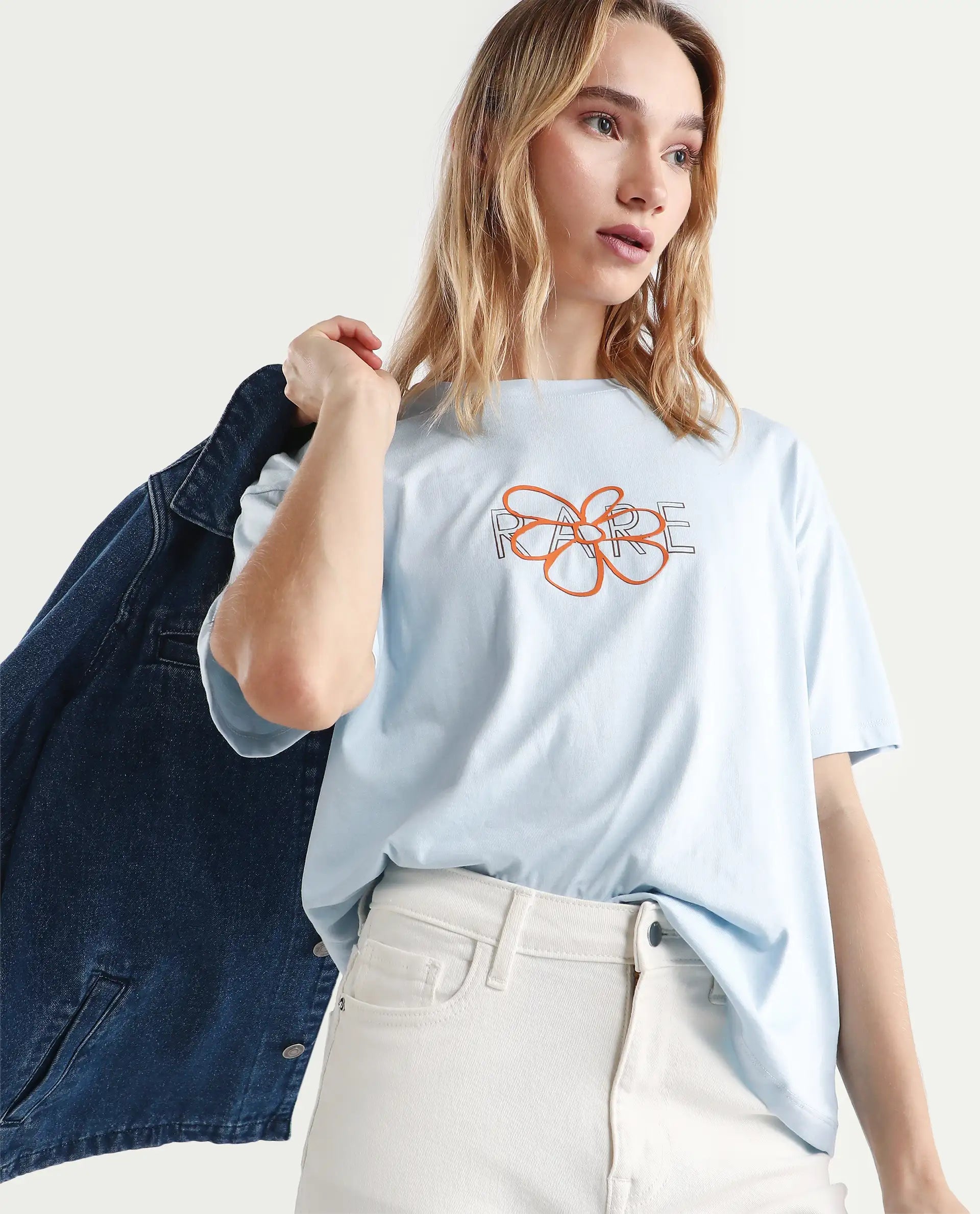 Rareism Women's Karen Light Blue Cotton Blend Crew Neck Graphic Print Boxy Fit T-Shirt