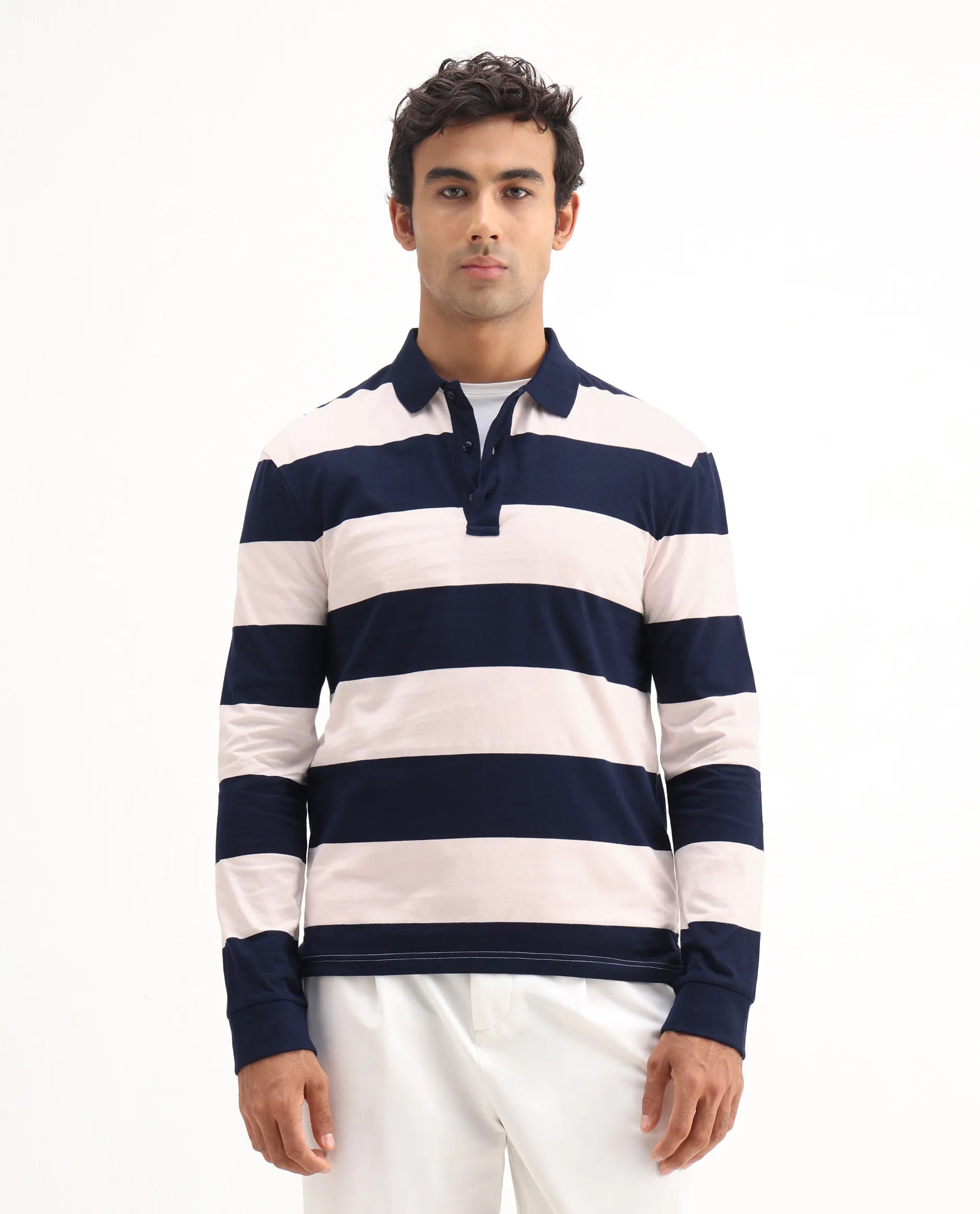 Rare Rabbit Men's Karen Light Pink Cotton Striped Print Regular Fit Full Sleeve Polo