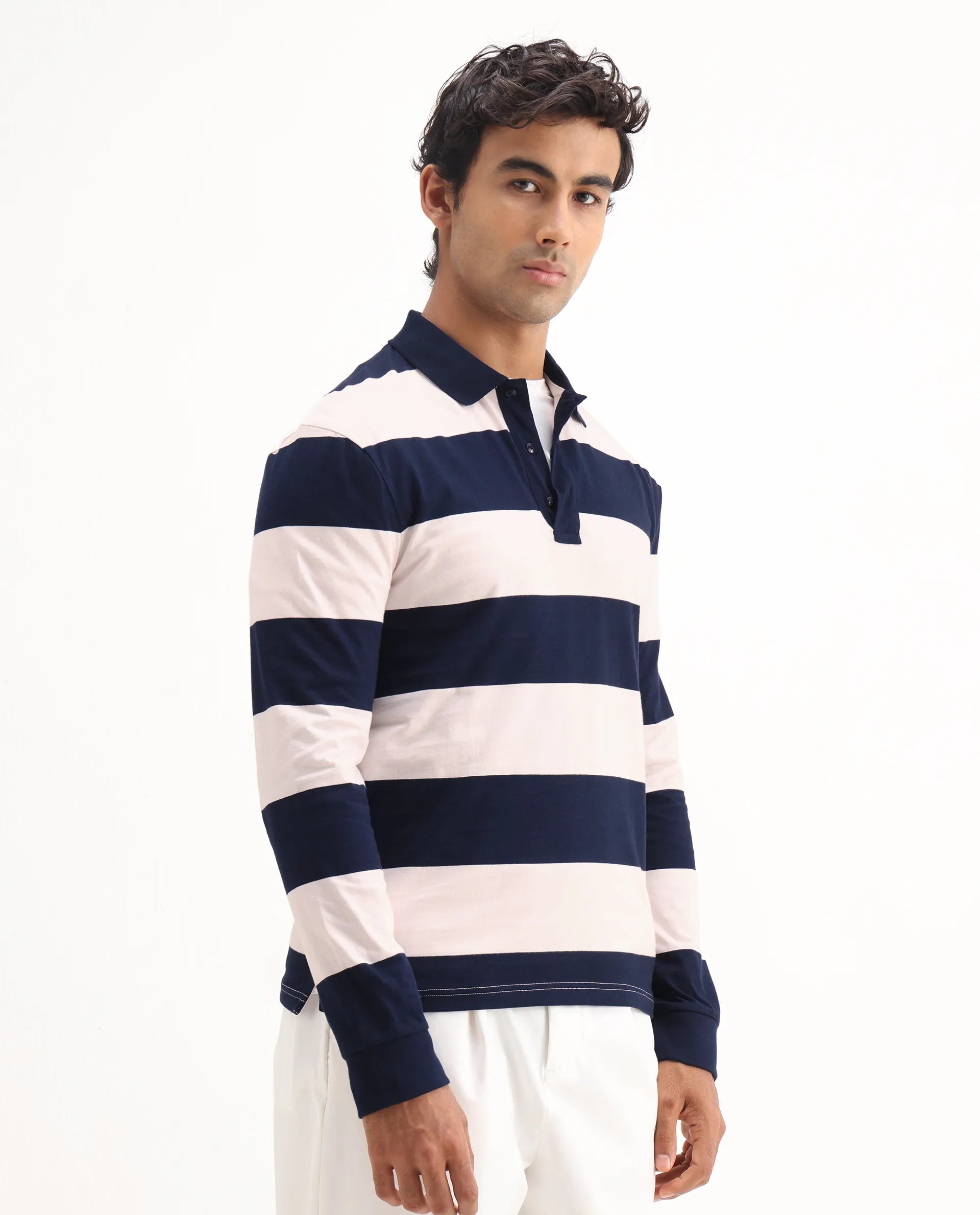 Rare Rabbit Men's Karen Light Pink Cotton Striped Print Regular Fit Full Sleeve Polo