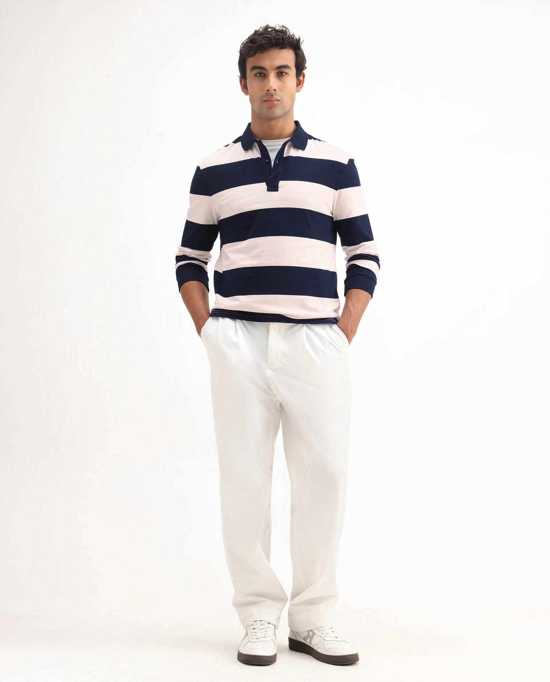 Rare Rabbit Men's Karen Light Pink Cotton Striped Print Regular Fit Full Sleeve Polo