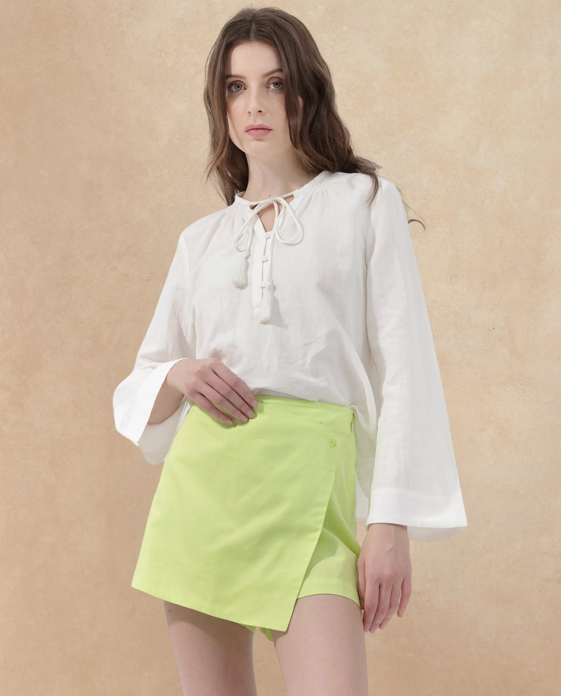 Rareism Women's Karine Flouroscent Green Cotton Plain Mini Regular Fit Skirt