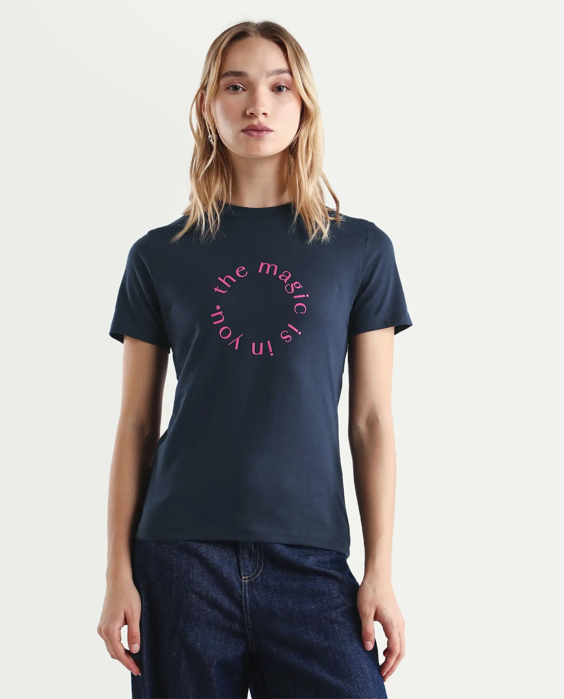 Rareism Women's Karlie Dark Navy Cotton Blend Crew Neck Graphic Print Regular Fit T-Shirt