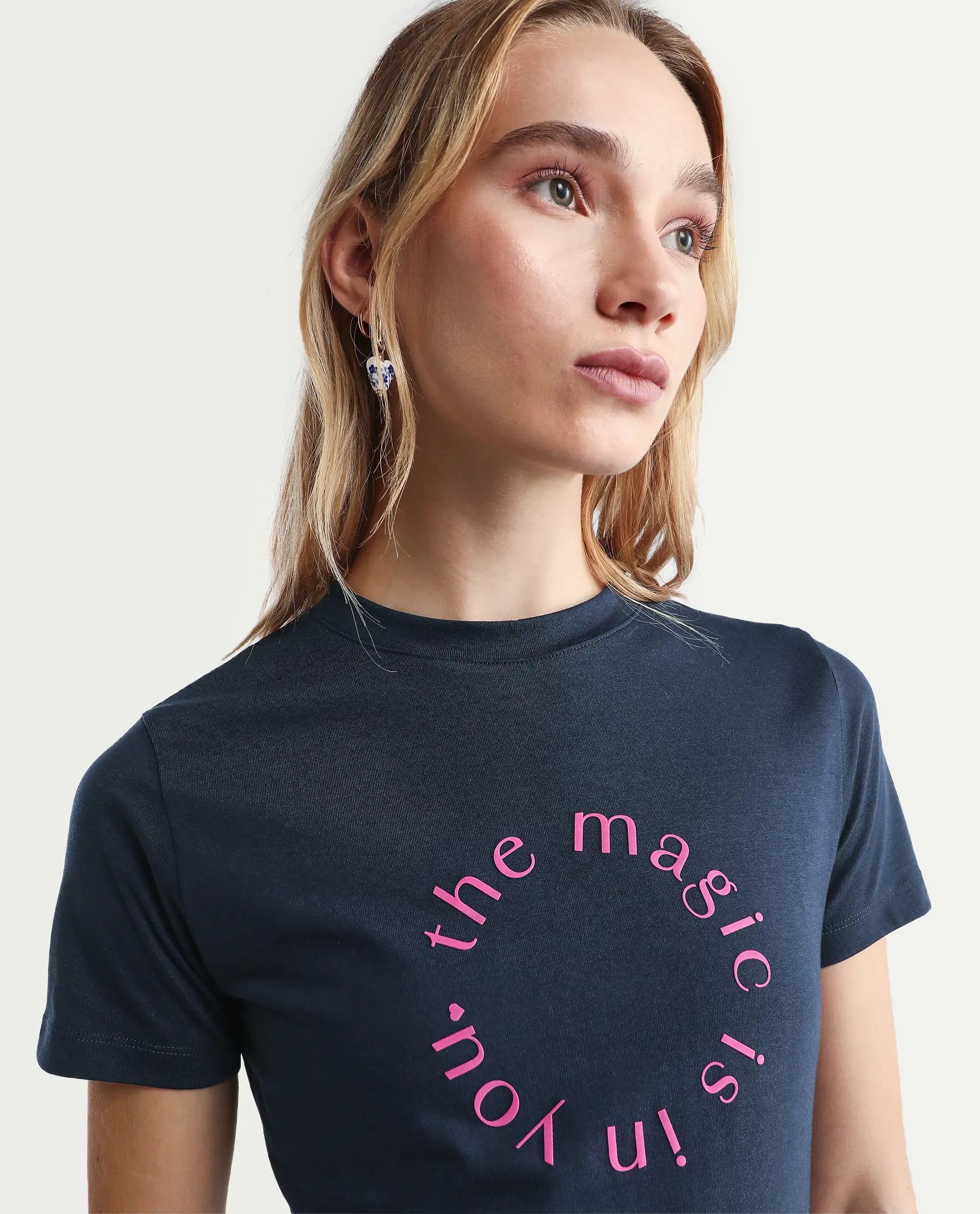 Rareism Women's Karlie Dark Navy Cotton Blend Crew Neck Graphic Print Regular Fit T-Shirt